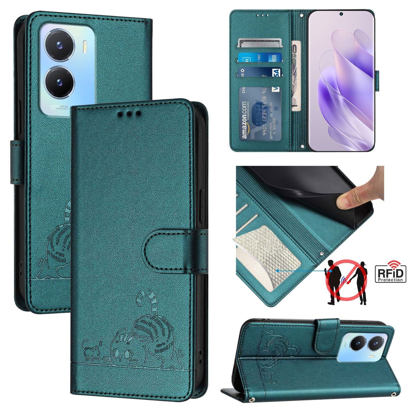 For vivo Y56 5G Global Cat and Rat Embossed Pattern, RFID Leather Phone Case with Lanyard, Kickstand, and Wallet Features