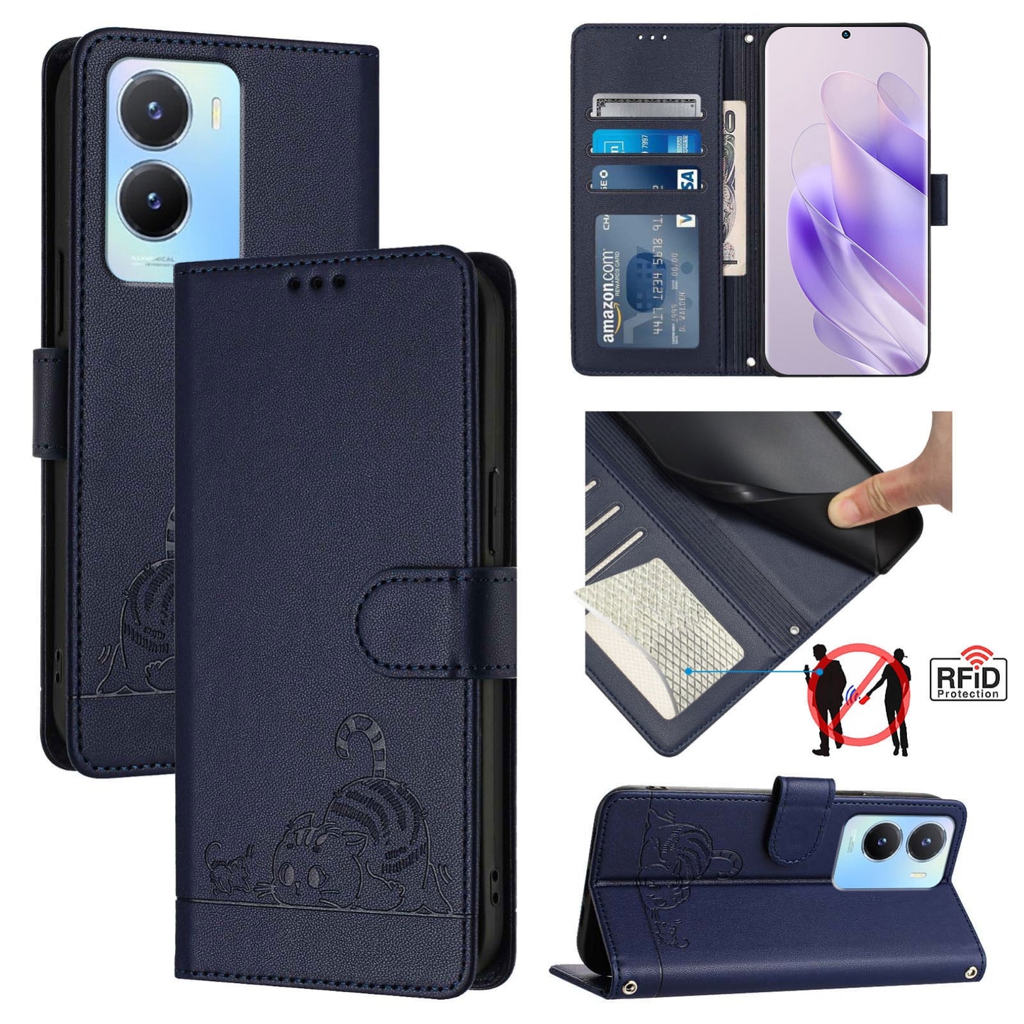 For vivo Y56 5G Global Cat and Rat Embossed Pattern, RFID Leather Phone Case with Lanyard, Kickstand, and Wallet Features