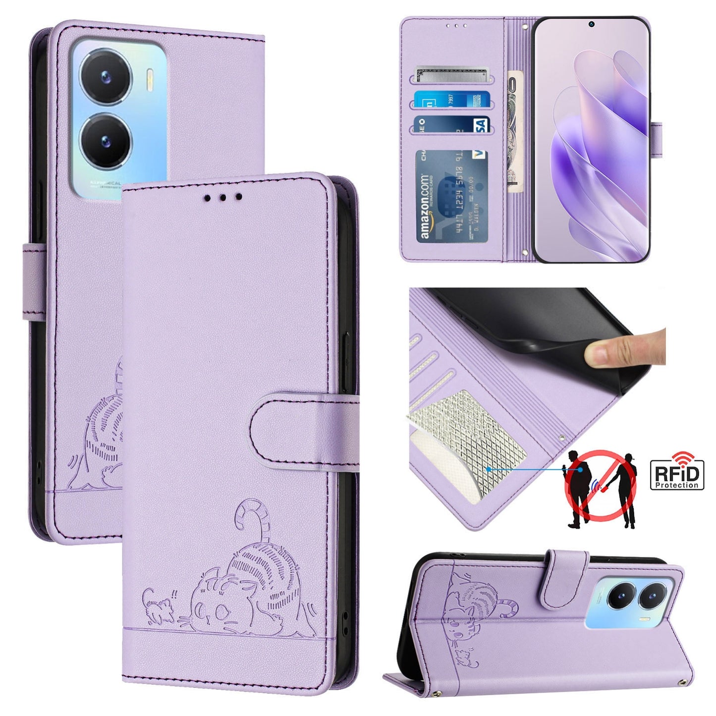 For vivo Y56 5G Global Cat and Rat Embossed Pattern, RFID Leather Phone Case with Lanyard, Kickstand, and Wallet Features