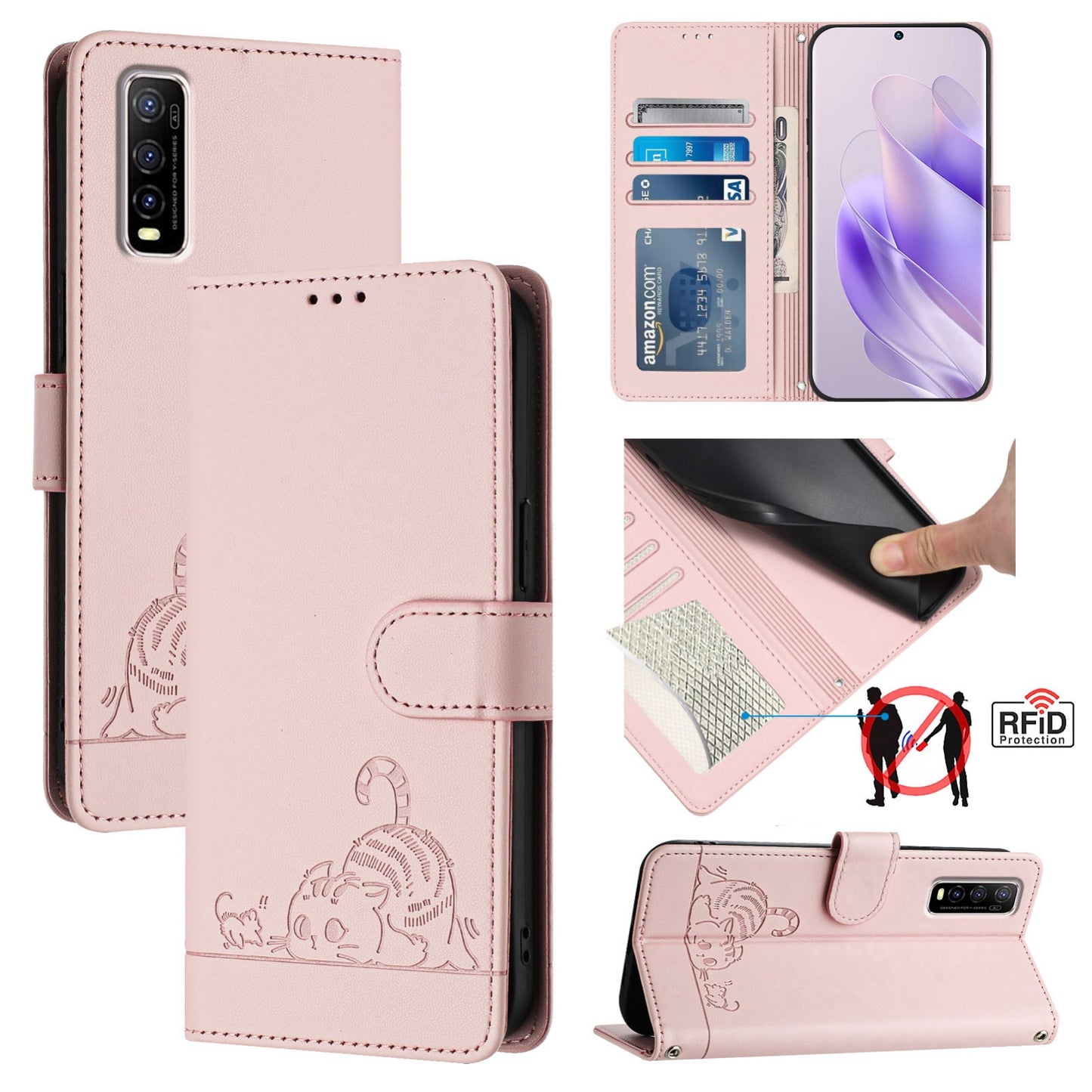 For vivo Y70S Cat and Rat Embossed Pattern, RFID Leather Phone Case with Lanyard, Kickstand, and Wallet Features