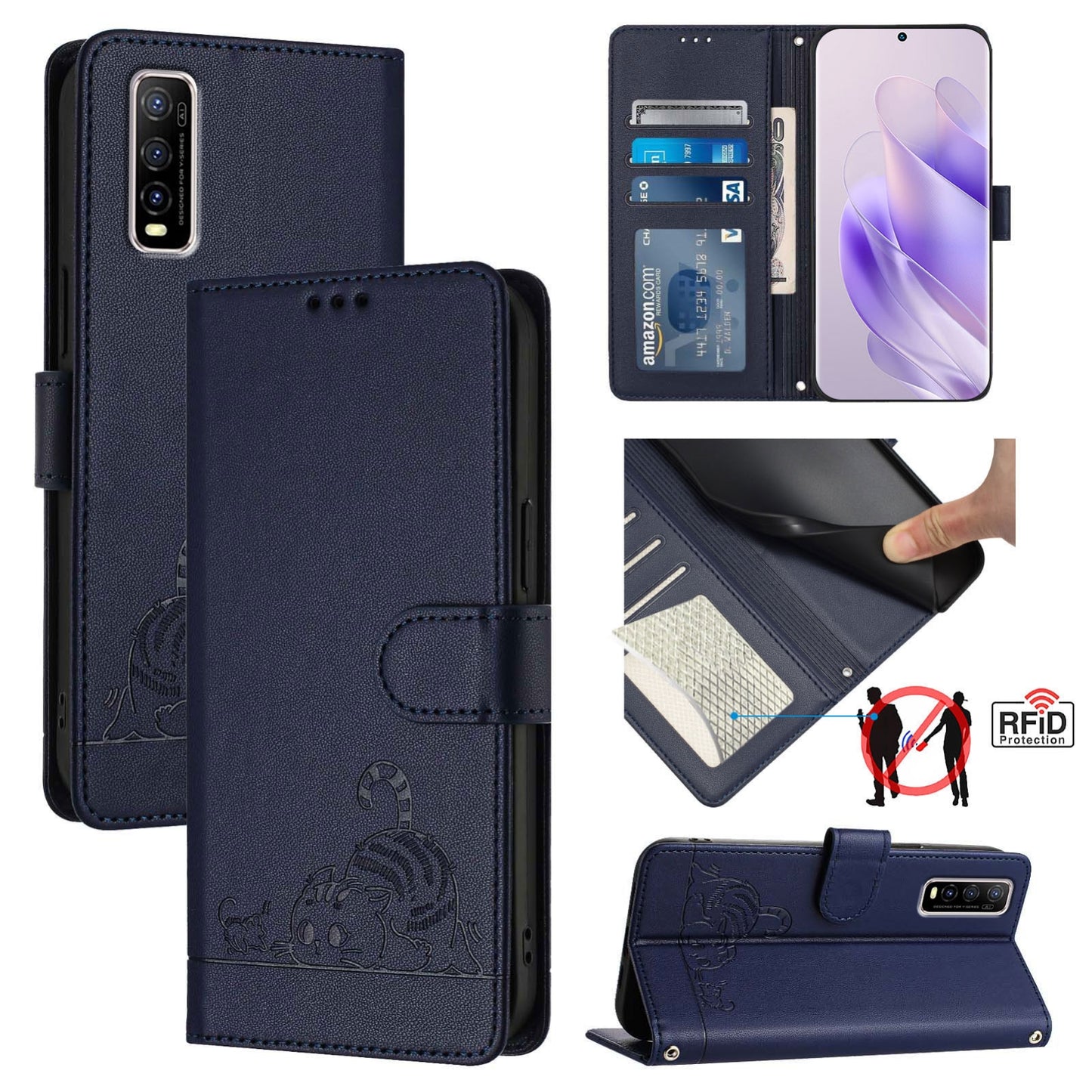 For vivo Y70S Cat and Rat Embossed Pattern, RFID Leather Phone Case with Lanyard, Kickstand, and Wallet Features