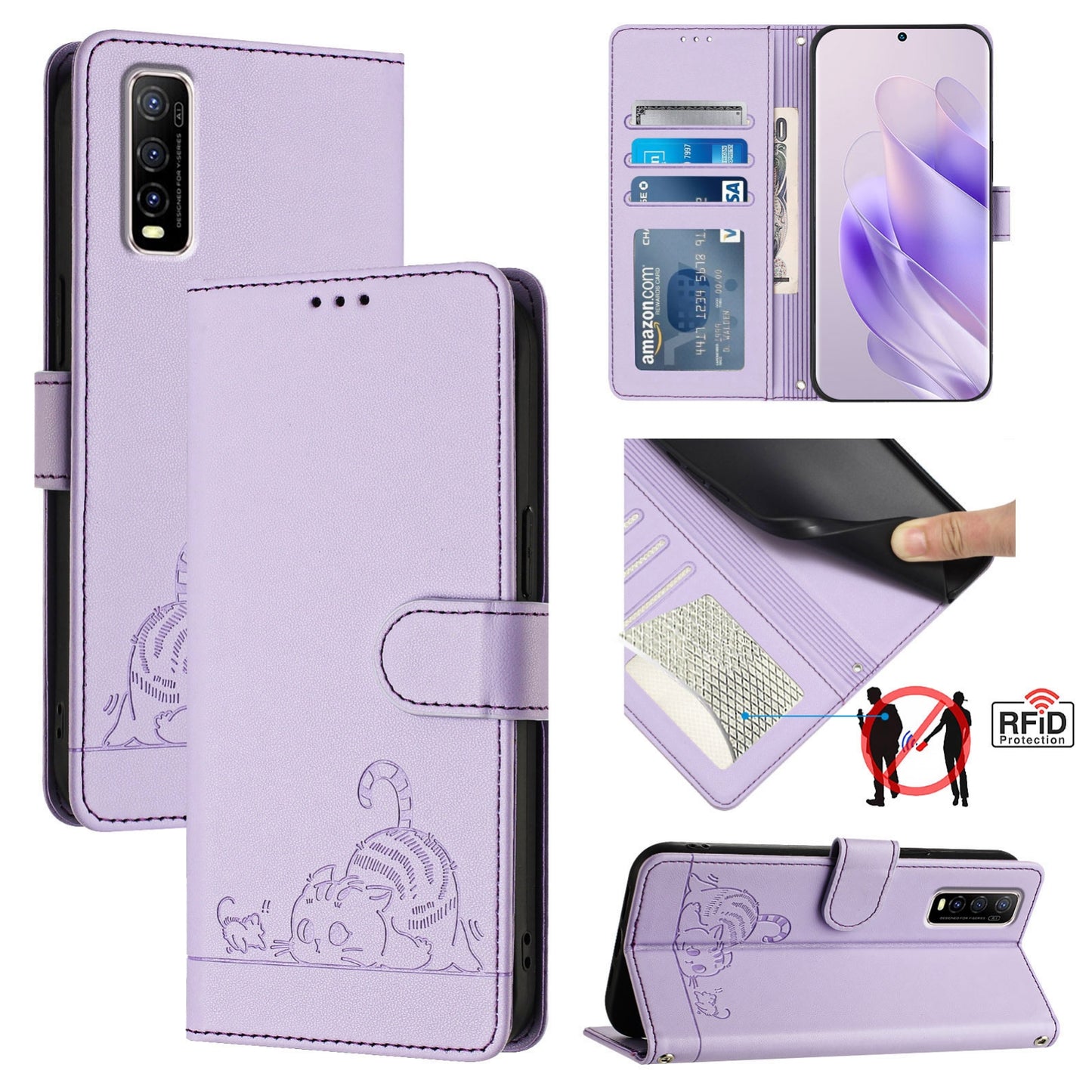 For vivo Y70S Cat and Rat Embossed Pattern, RFID Leather Phone Case with Lanyard, Kickstand, and Wallet Features