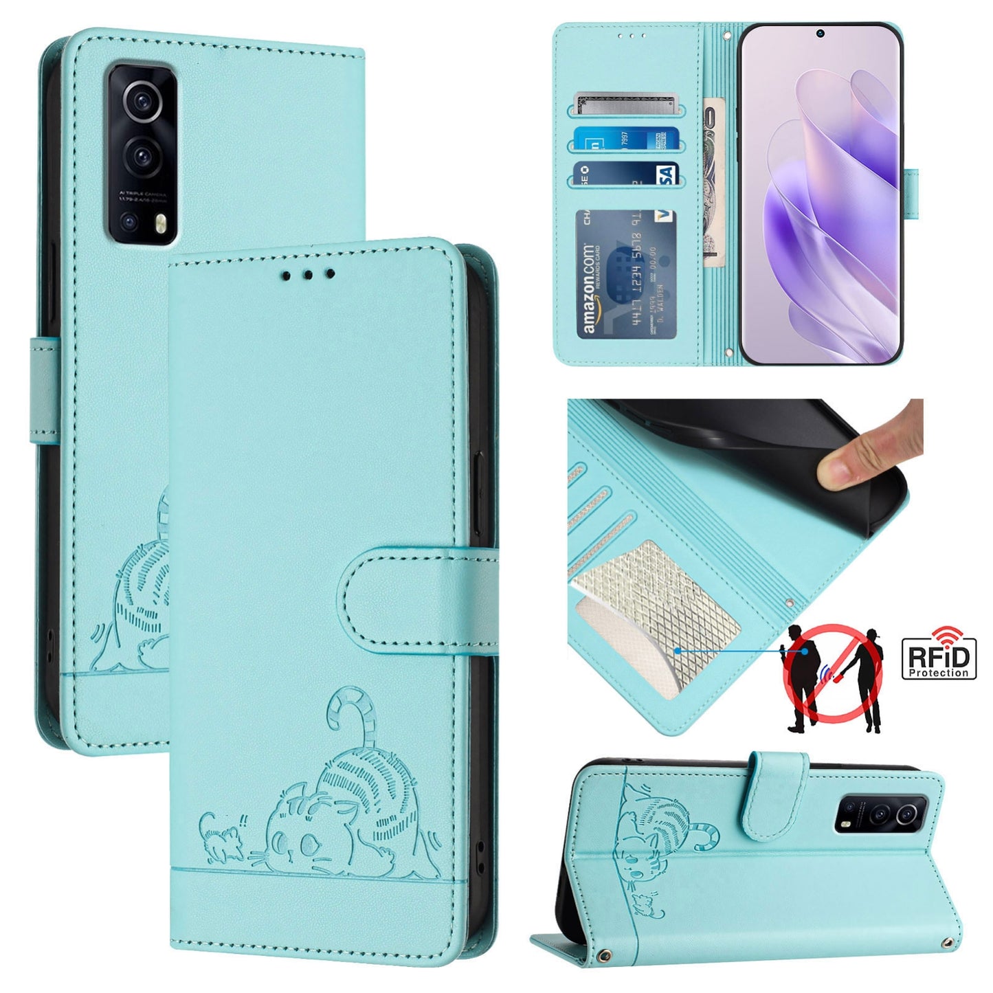 For vivo Y72 5G Cat and Rat Embossed Pattern, RFID Leather Phone Case with Lanyard, Kickstand, and Wallet Features