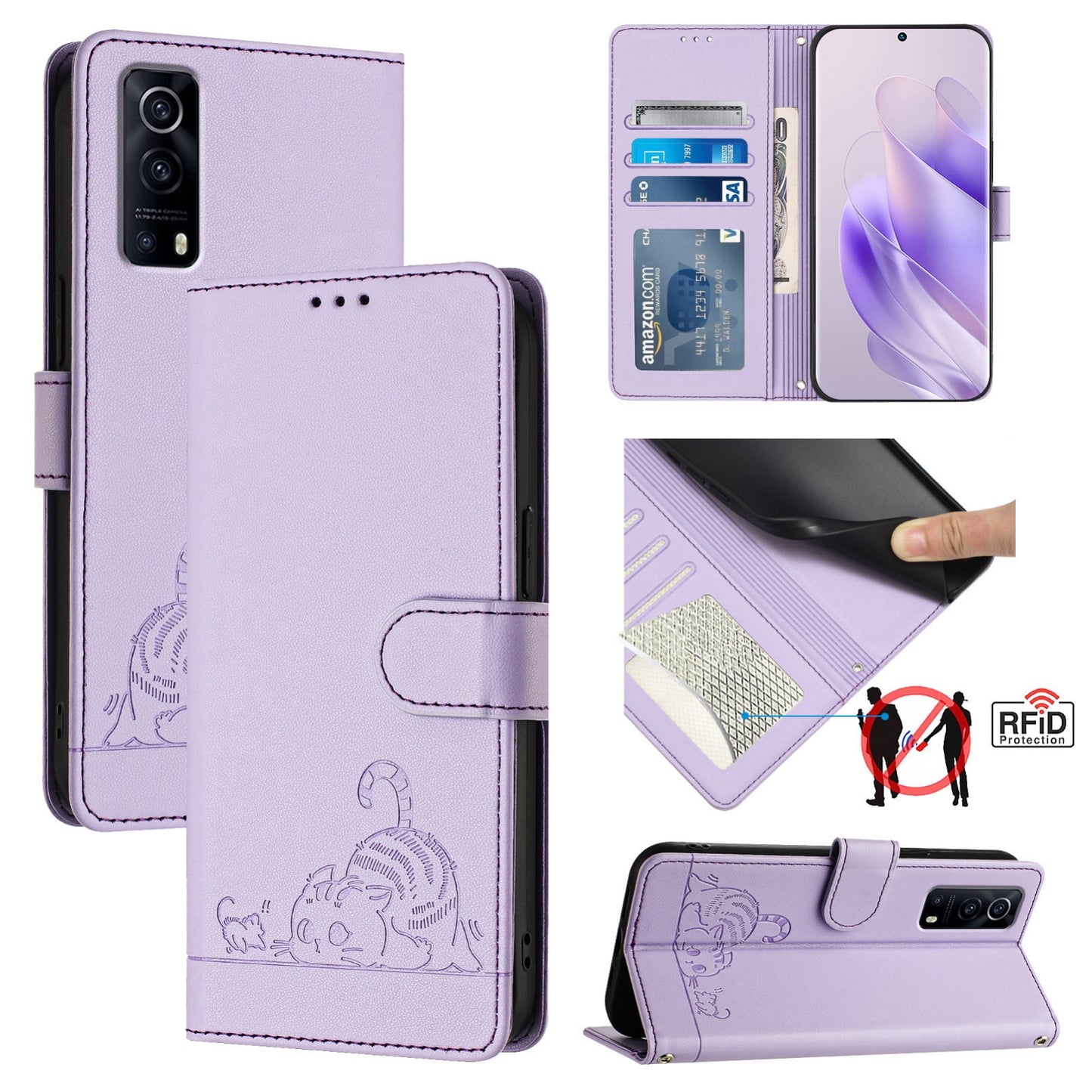 For vivo Y72 5G Cat and Rat Embossed Pattern, RFID Leather Phone Case with Lanyard, Kickstand, and Wallet Features