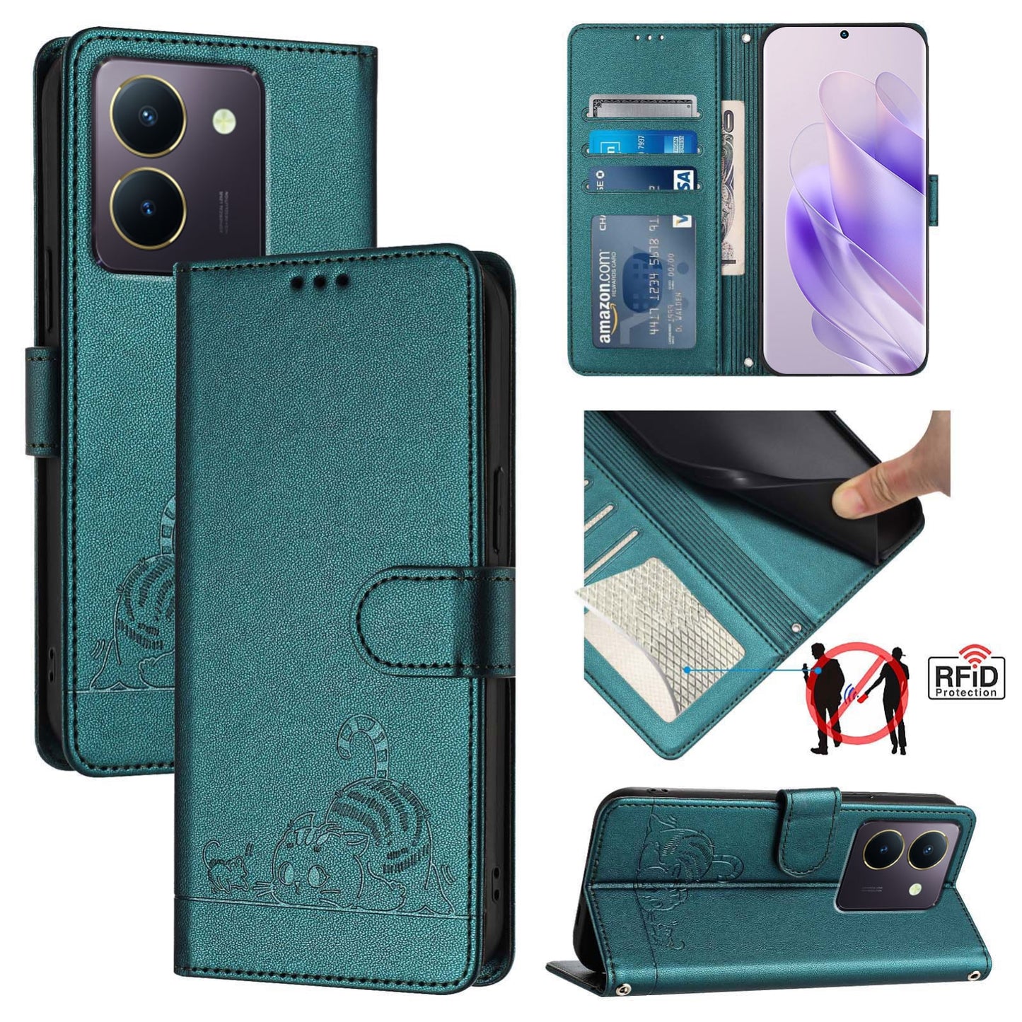 For vivo Y36 4G Global Cat and Rat Embossed Pattern, RFID Leather Phone Case with Lanyard, Kickstand, and Wallet Features