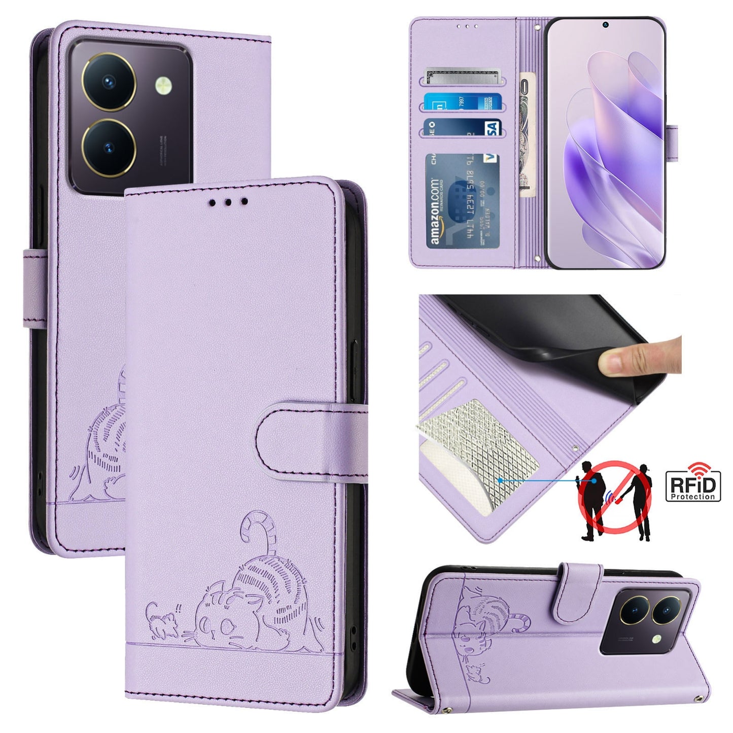 For vivo Y36 4G Global Cat and Rat Embossed Pattern, RFID Leather Phone Case with Lanyard, Kickstand, and Wallet Features