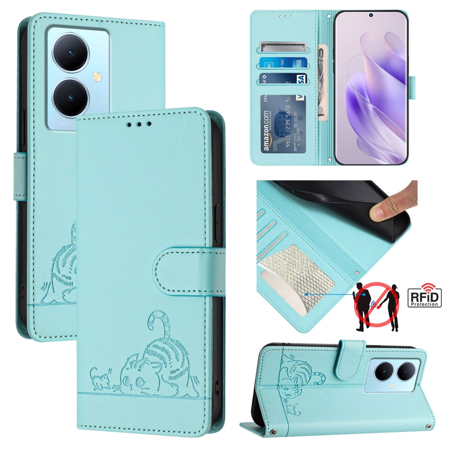 For vivo Y78+ 5G Global Cat and Rat Embossed Pattern, RFID Leather Phone Case with Lanyard, Kickstand, and Wallet Features