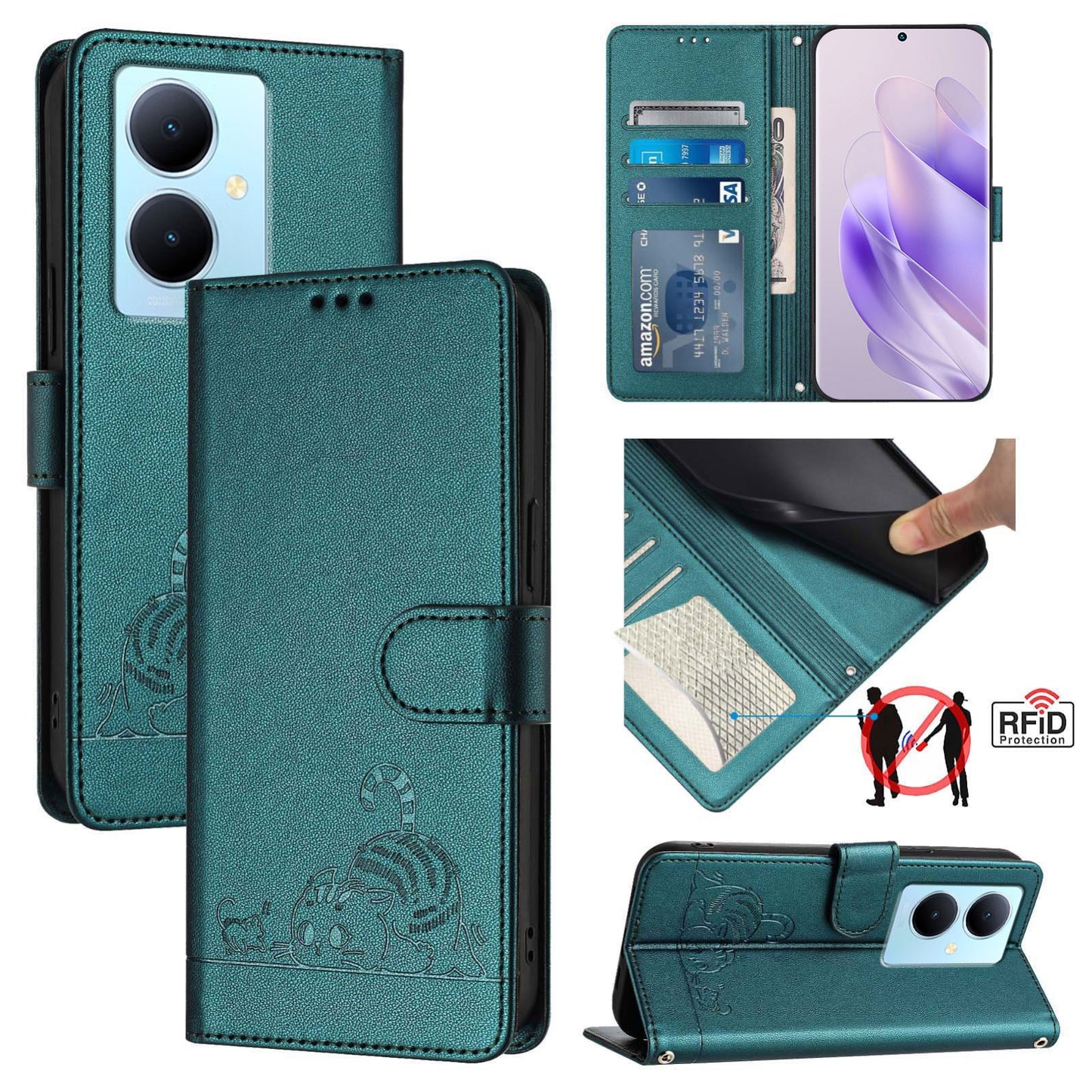 For vivo Y78+ 5G Global Cat and Rat Embossed Pattern, RFID Leather Phone Case with Lanyard, Kickstand, and Wallet Features