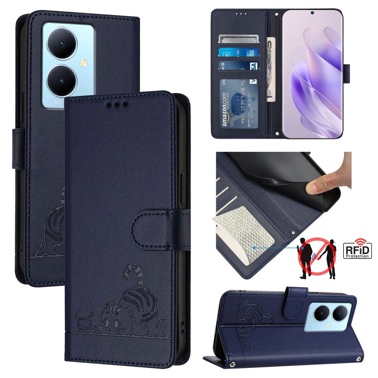 For vivo Y78+ 5G Global Cat and Rat Embossed Pattern, RFID Leather Phone Case with Lanyard, Kickstand, and Wallet Features