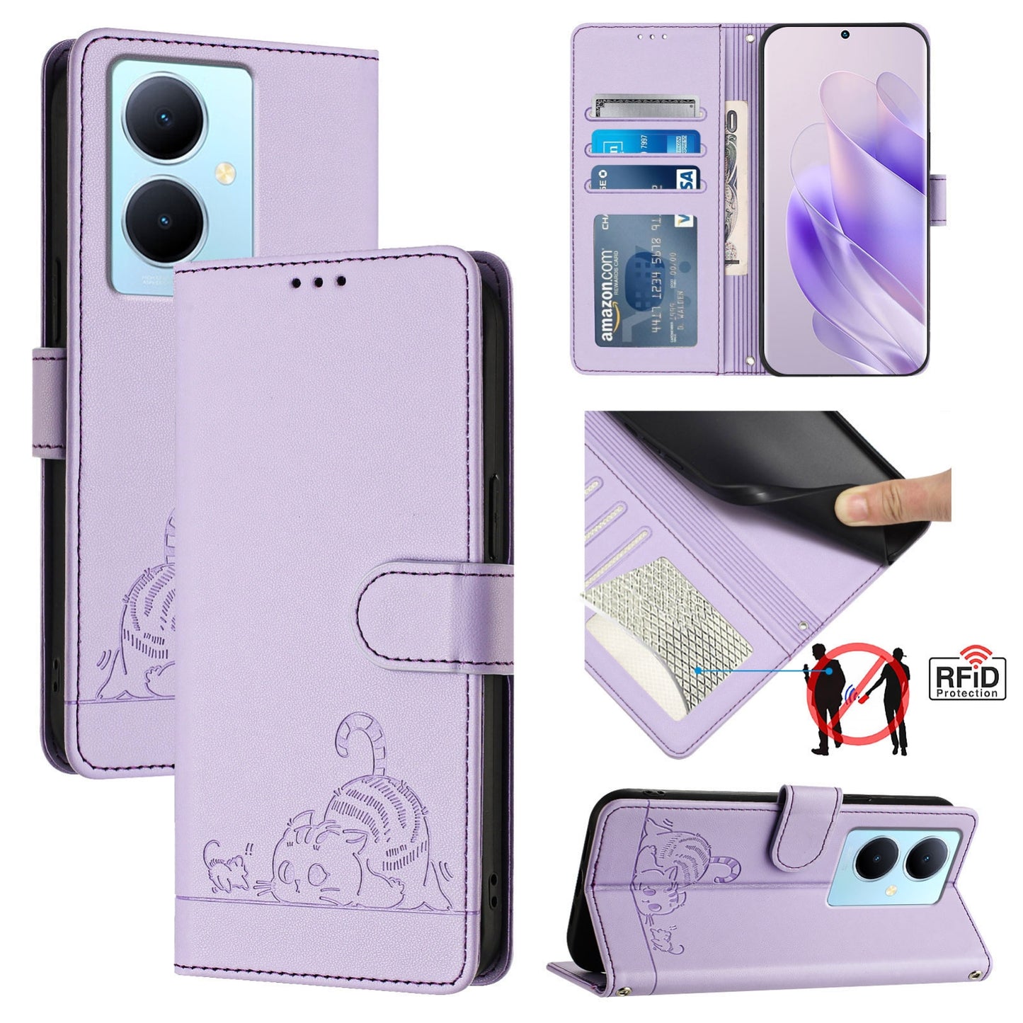 For vivo Y78+ 5G Global Cat and Rat Embossed Pattern, RFID Leather Phone Case with Lanyard, Kickstand, and Wallet Features