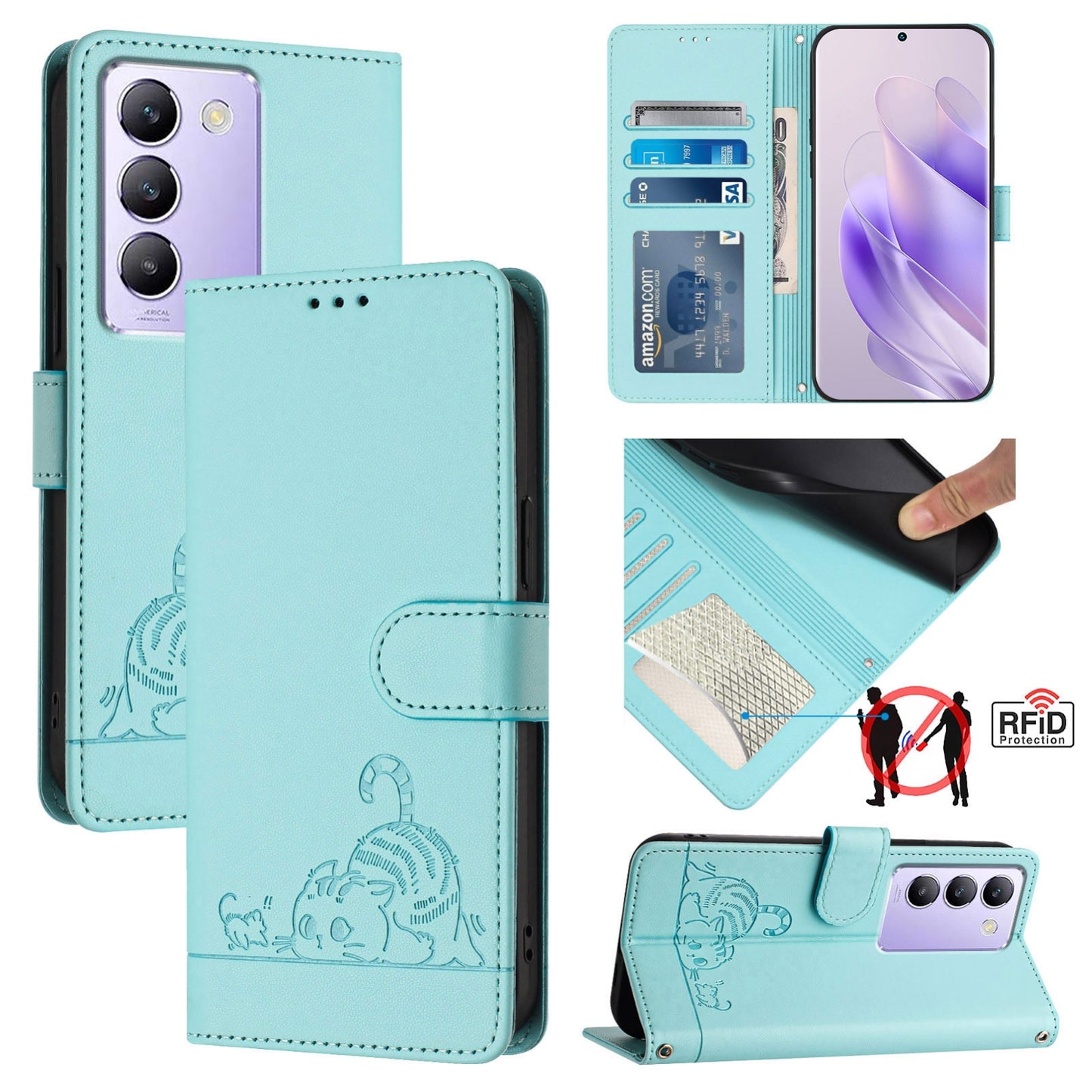 For vivo Y200E 5G Global Cat and Rat Embossed Pattern, RFID Leather Phone Case with Lanyard, Kickstand, and Wallet Features