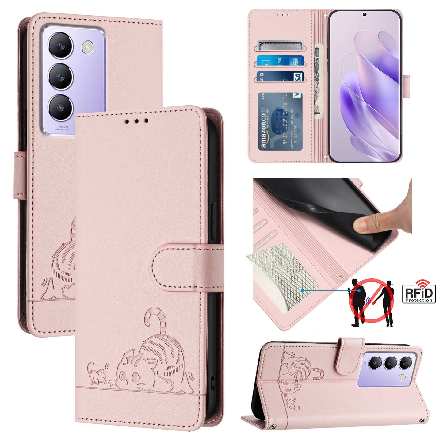 For vivo Y200E 5G Global Cat and Rat Embossed Pattern, RFID Leather Phone Case with Lanyard, Kickstand, and Wallet Features