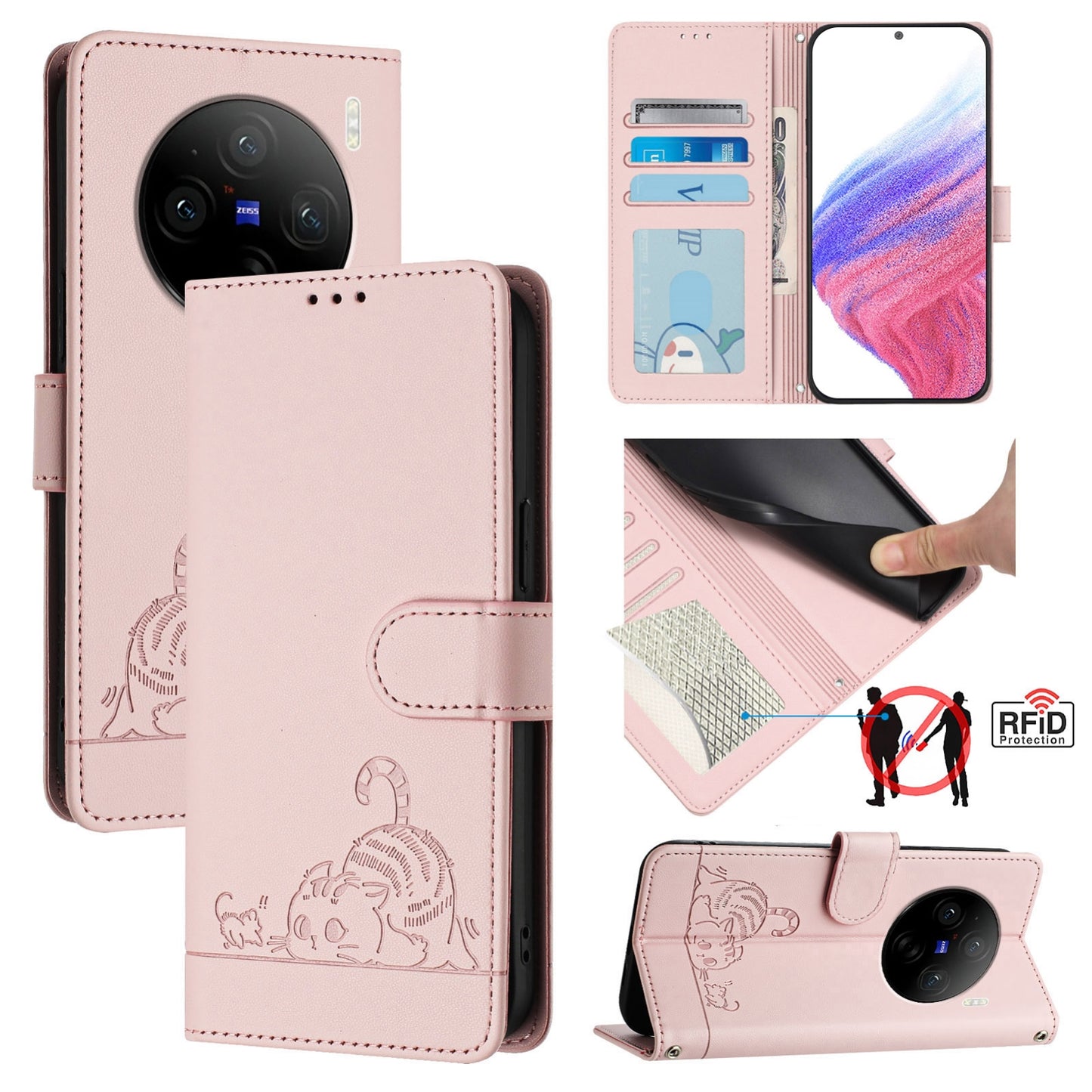 For vivo X100 Pro 5G Cat and Rat Embossed Pattern, RFID Leather Phone Case with Lanyard, Kickstand, and Wallet Features