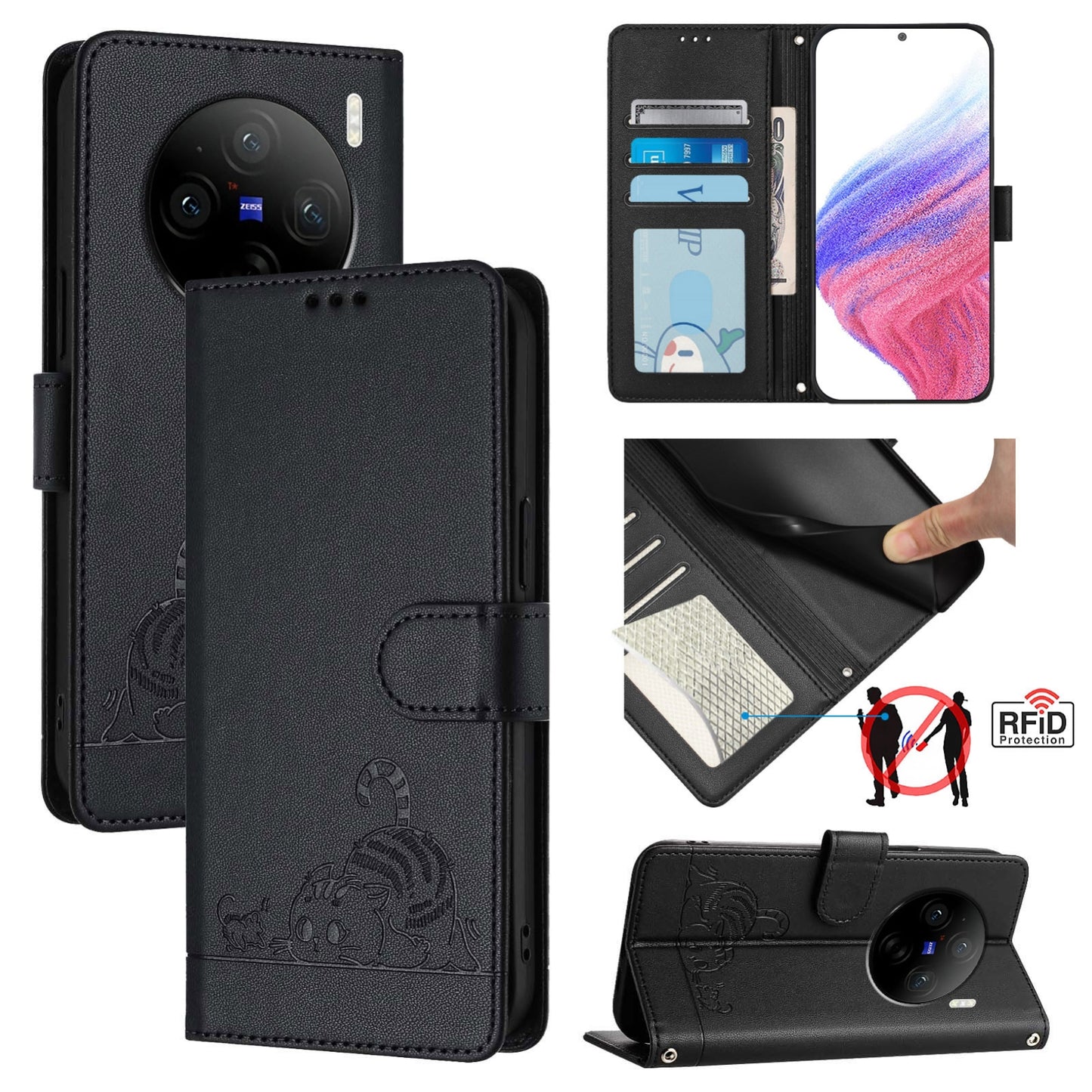 For vivo X100 Pro 5G Cat and Rat Embossed Pattern, RFID Leather Phone Case with Lanyard, Kickstand, and Wallet Features
