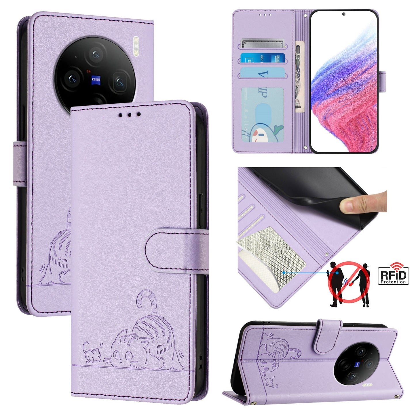 For vivo X100 Pro 5G Cat and Rat Embossed Pattern, RFID Leather Phone Case with Lanyard, Kickstand, and Wallet Features