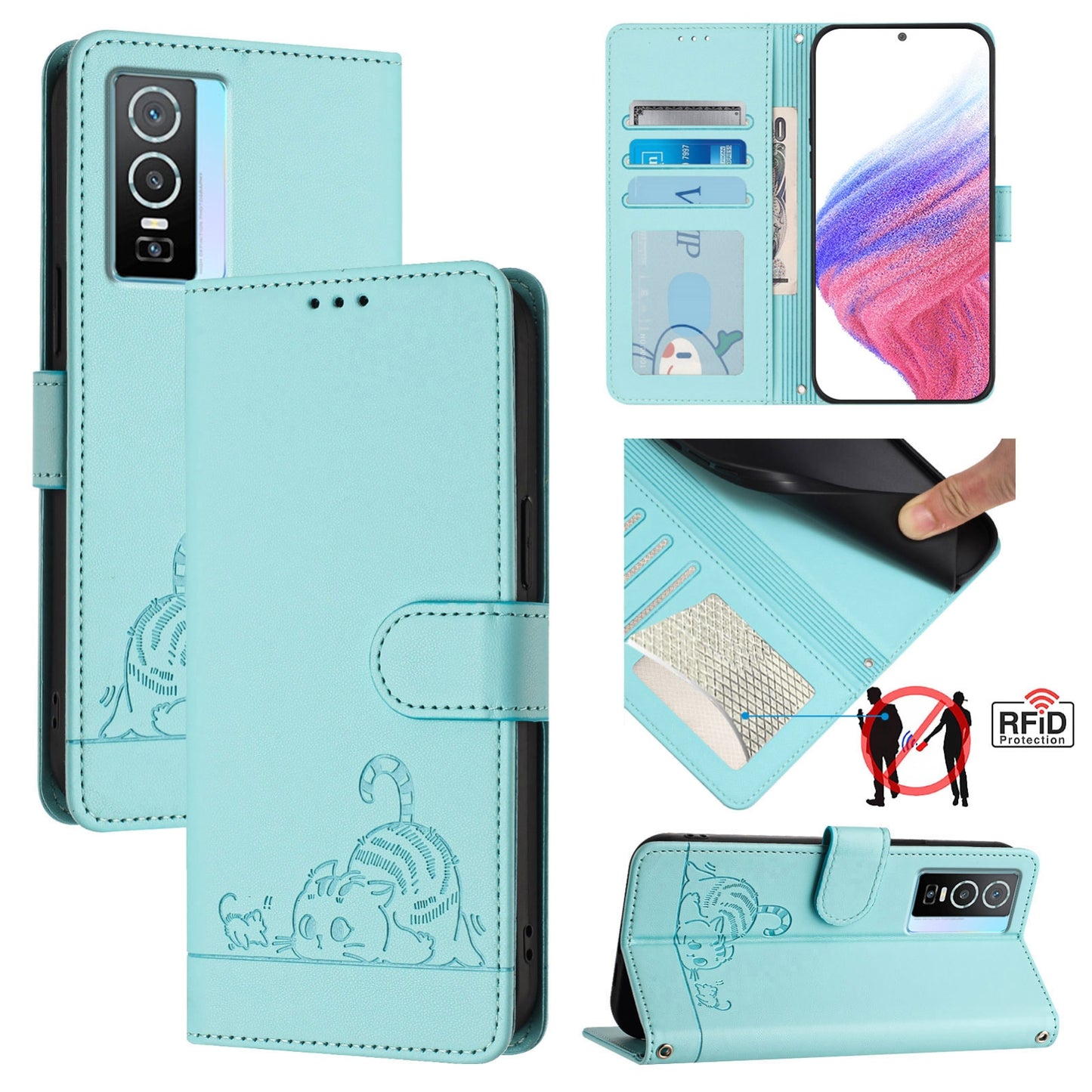 For vivo Y76 5G Cat and Rat Embossed Pattern, RFID Leather Phone Case with Lanyard, Kickstand, and Wallet Features