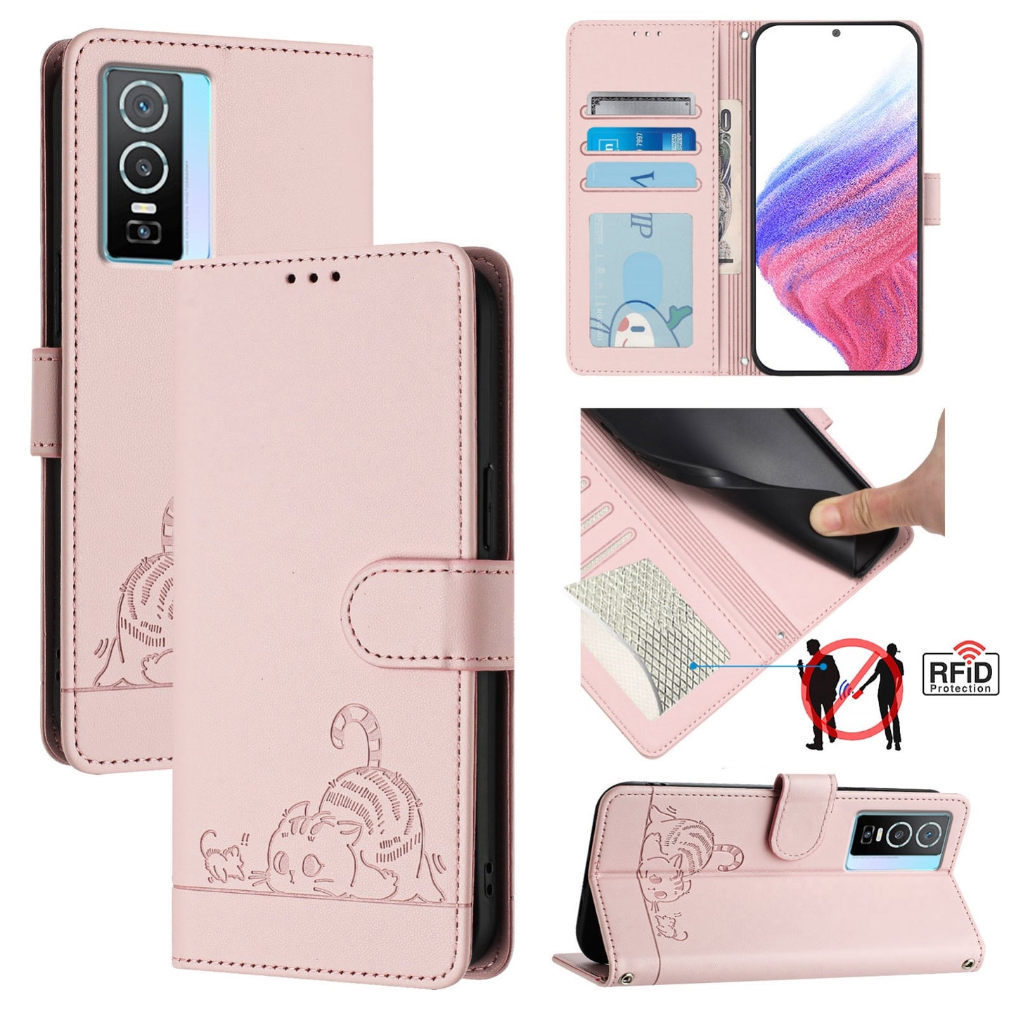 For vivo Y76 5G Cat and Rat Embossed Pattern, RFID Leather Phone Case with Lanyard, Kickstand, and Wallet Features
