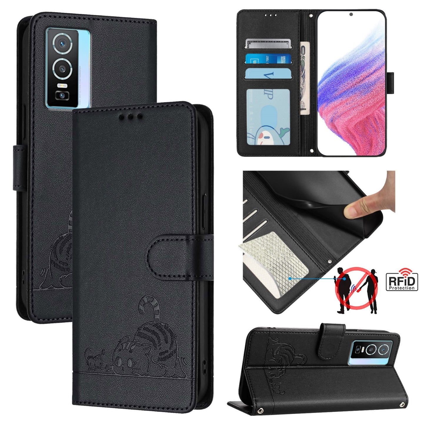 For vivo Y76 5G Cat and Rat Embossed Pattern, RFID Leather Phone Case with Lanyard, Kickstand, and Wallet Features