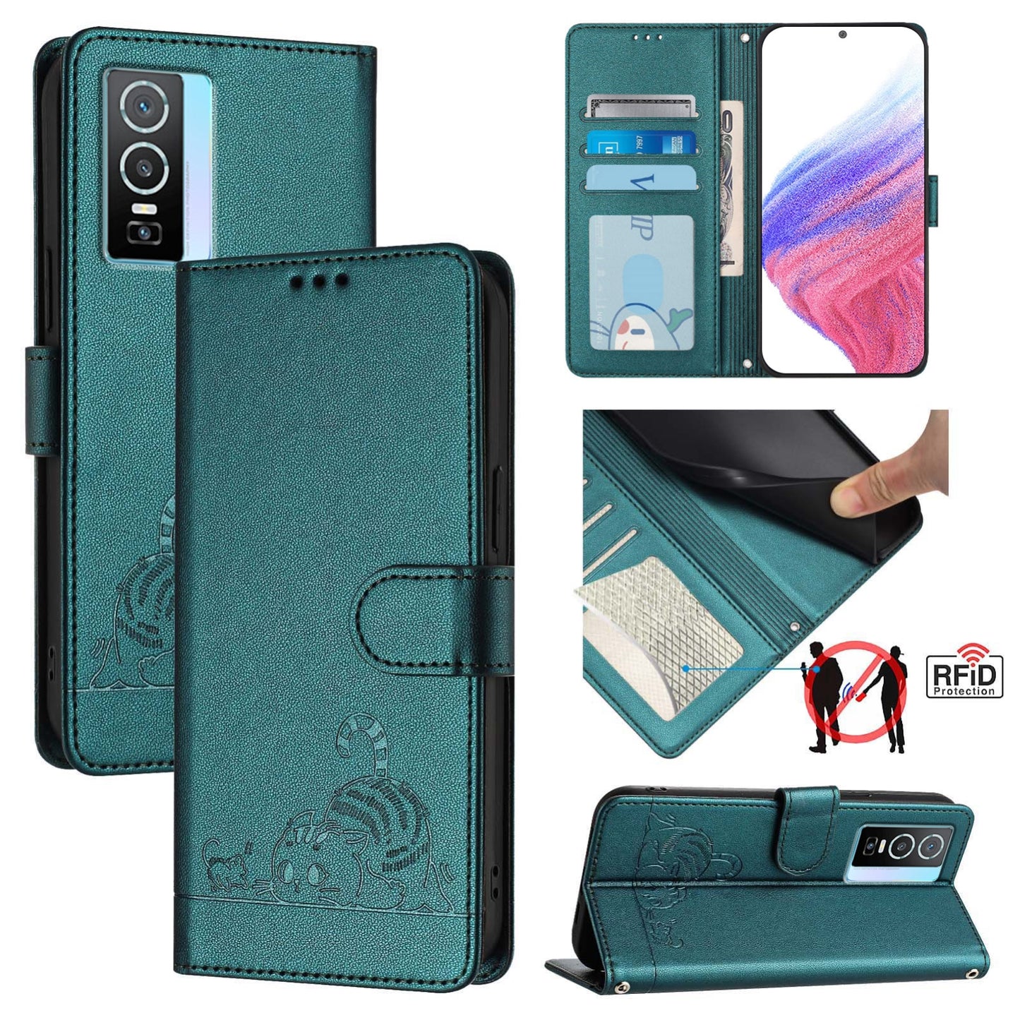 For vivo Y76 5G Cat and Rat Embossed Pattern, RFID Leather Phone Case with Lanyard, Kickstand, and Wallet Features