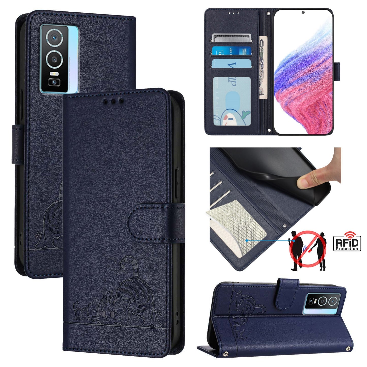 For vivo Y76 5G Cat and Rat Embossed Pattern, RFID Leather Phone Case with Lanyard, Kickstand, and Wallet Features