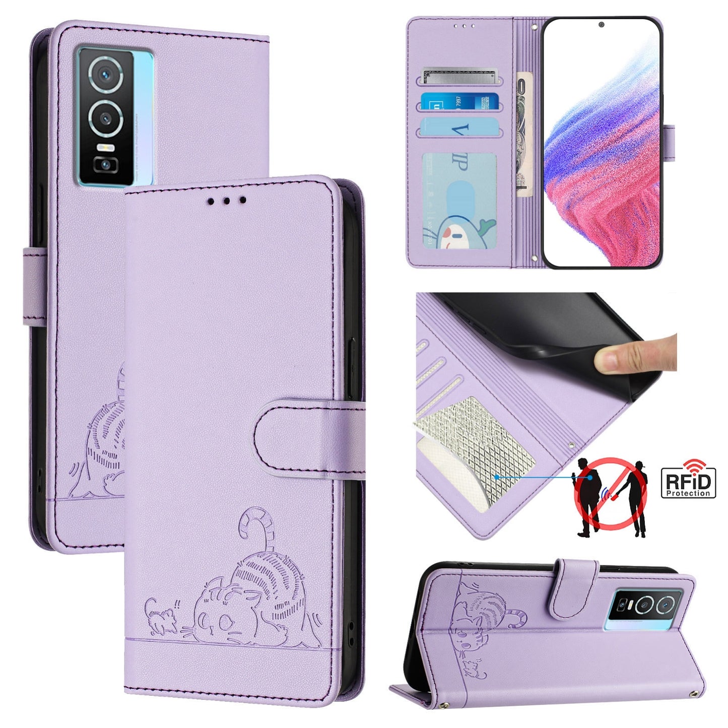 For vivo Y76 5G Cat and Rat Embossed Pattern, RFID Leather Phone Case with Lanyard, Kickstand, and Wallet Features