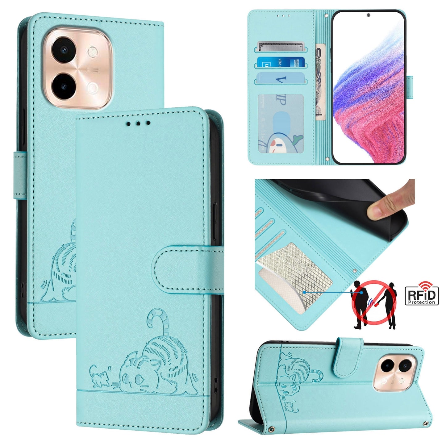 For vivo Y28 4G Cat and Rat Embossed Pattern, RFID Leather Phone Case with Lanyard, Kickstand, and Wallet Features