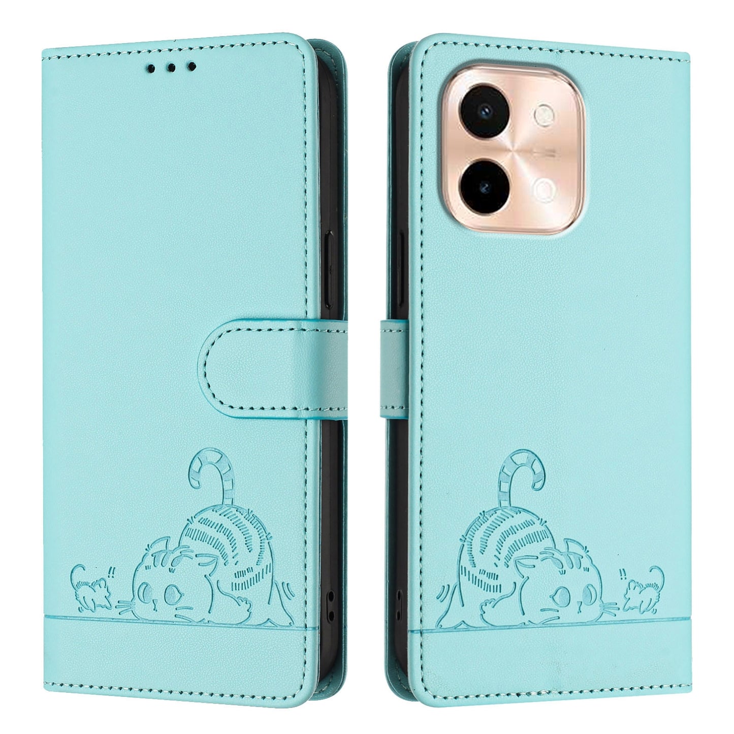 For vivo Y28 4G Cat and Rat Embossed Pattern, RFID Leather Phone Case with Lanyard, Kickstand, and Wallet Features
