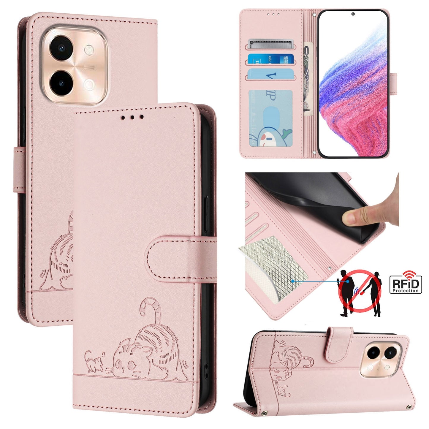 For vivo Y28 4G Cat and Rat Embossed Pattern, RFID Leather Phone Case with Lanyard, Kickstand, and Wallet Features