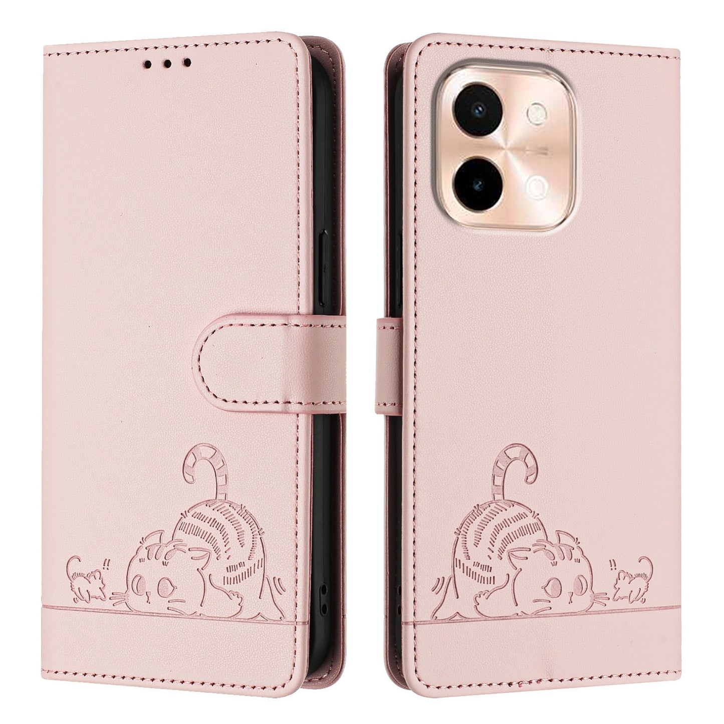 For vivo Y28 4G Cat and Rat Embossed Pattern, RFID Leather Phone Case with Lanyard, Kickstand, and Wallet Features