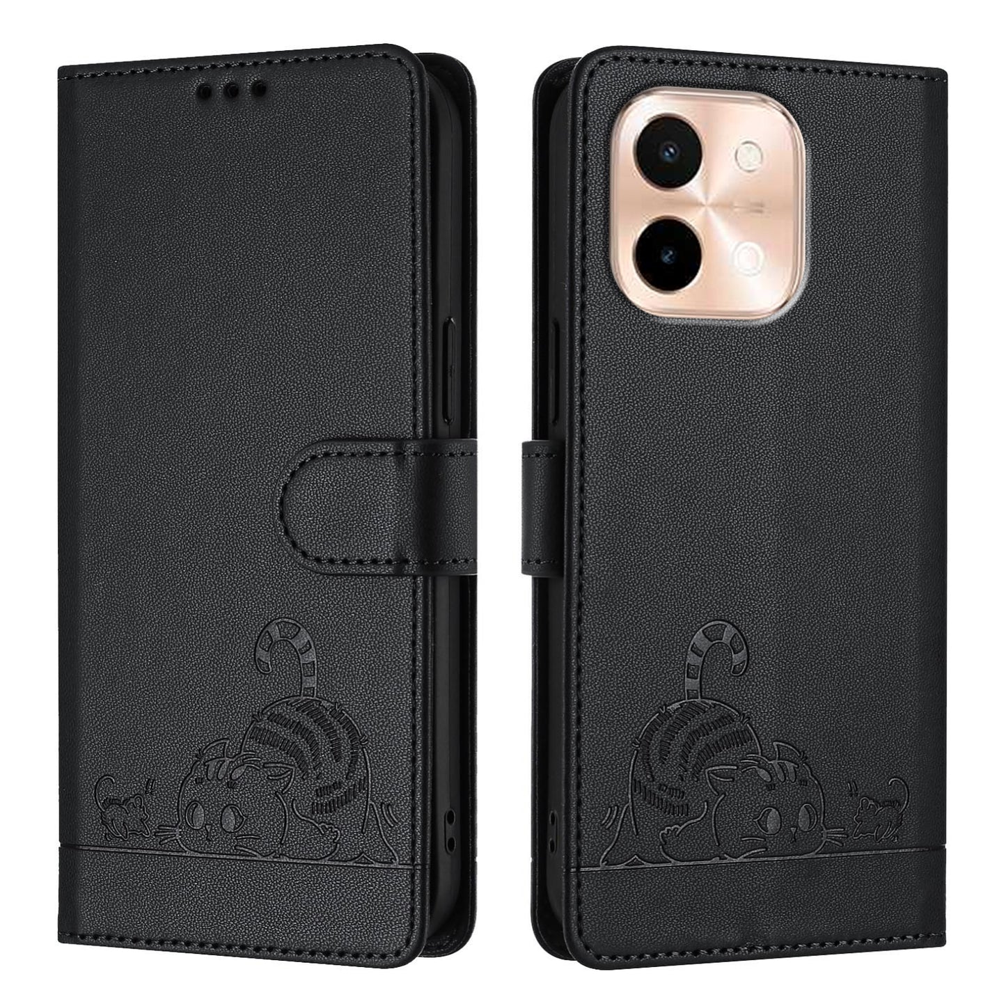For vivo Y28 4G Cat and Rat Embossed Pattern, RFID Leather Phone Case with Lanyard, Kickstand, and Wallet Features