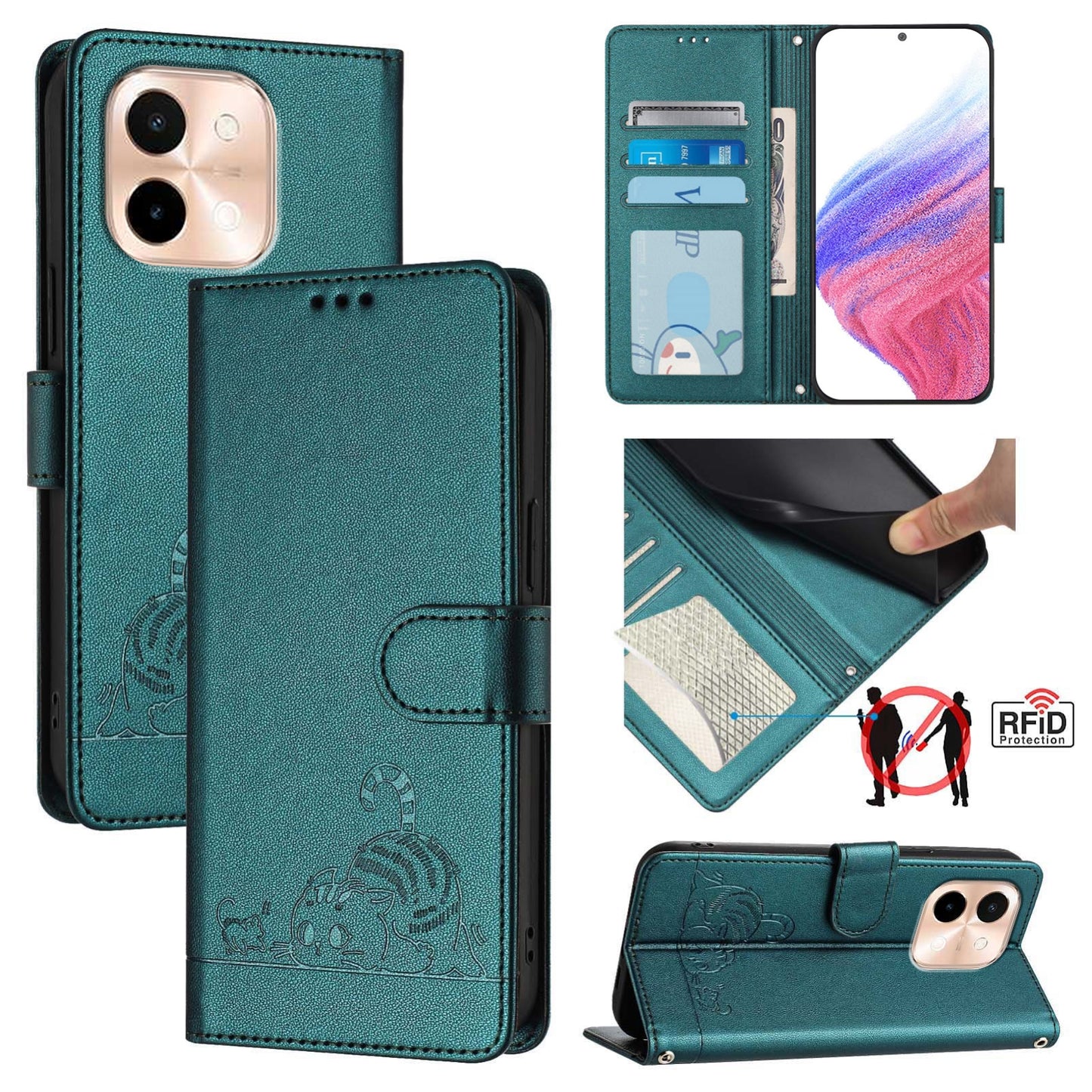 For vivo Y28 4G Cat and Rat Embossed Pattern, RFID Leather Phone Case with Lanyard, Kickstand, and Wallet Features