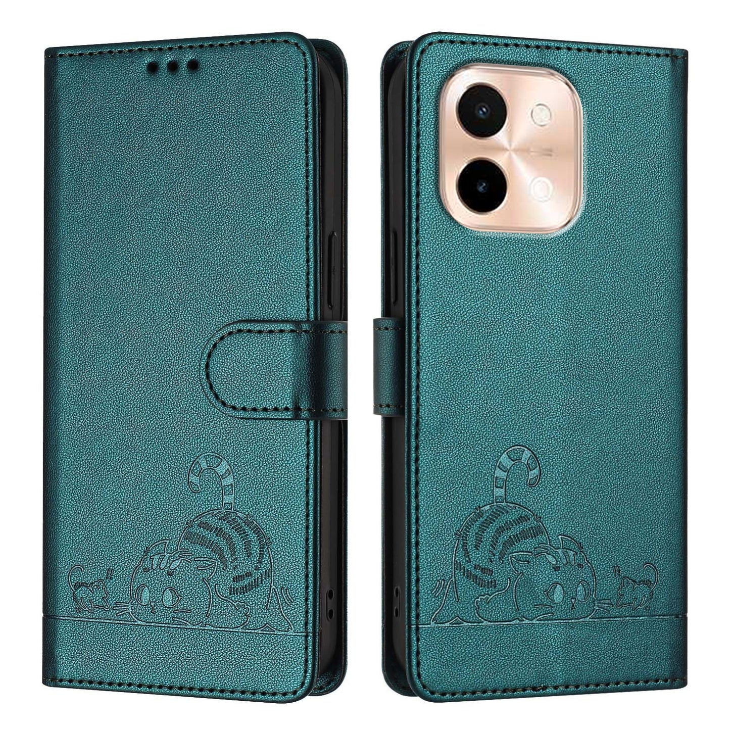 For vivo Y28 4G Cat and Rat Embossed Pattern, RFID Leather Phone Case with Lanyard, Kickstand, and Wallet Features