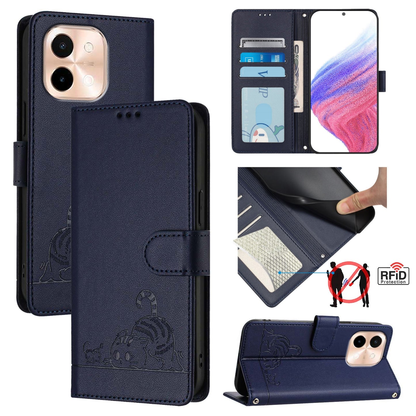 For vivo Y28 4G Cat and Rat Embossed Pattern, RFID Leather Phone Case with Lanyard, Kickstand, and Wallet Features