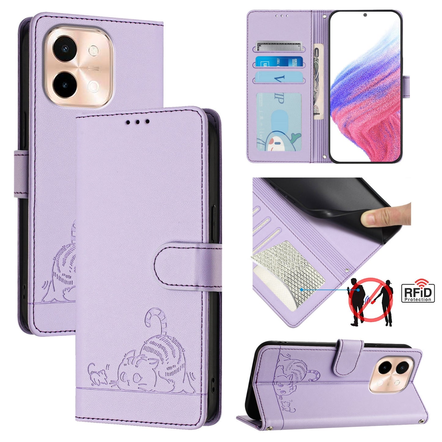 For vivo Y28 4G Cat and Rat Embossed Pattern, RFID Leather Phone Case with Lanyard, Kickstand, and Wallet Features
