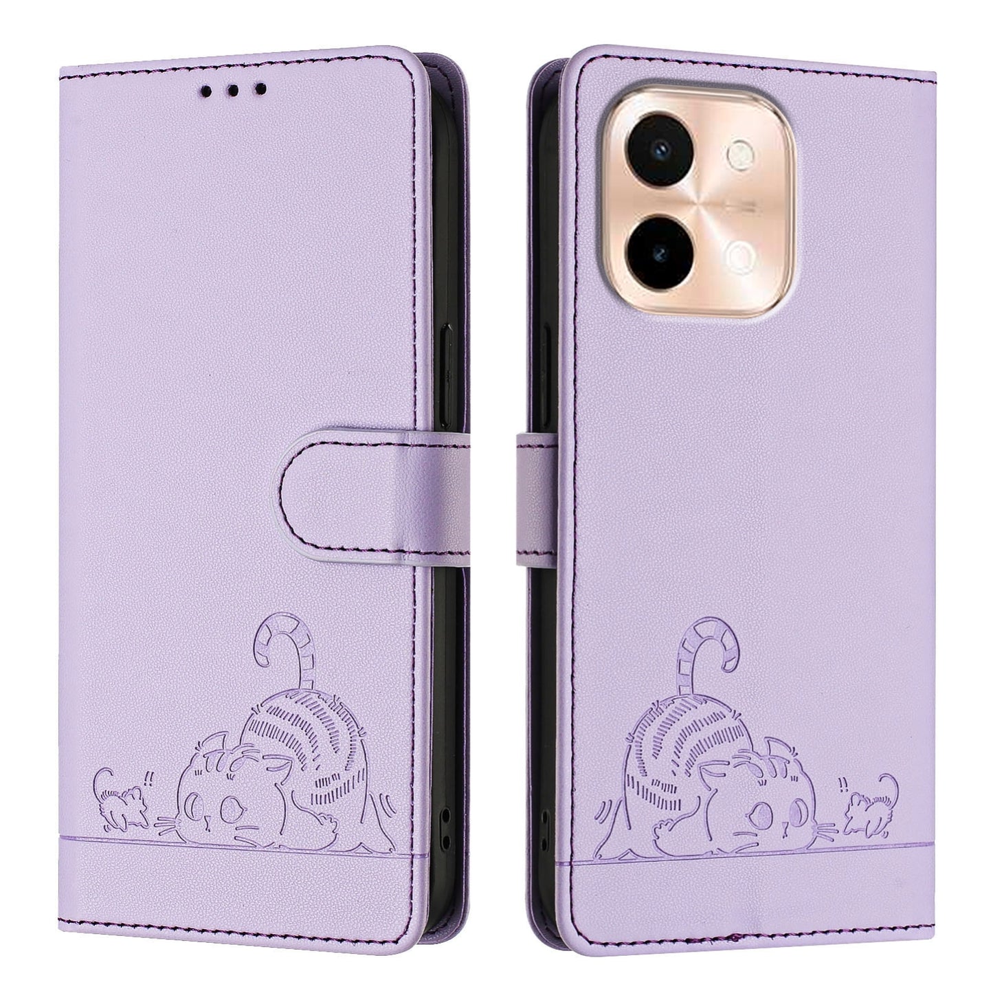 For vivo Y28 4G Cat and Rat Embossed Pattern, RFID Leather Phone Case with Lanyard, Kickstand, and Wallet Features