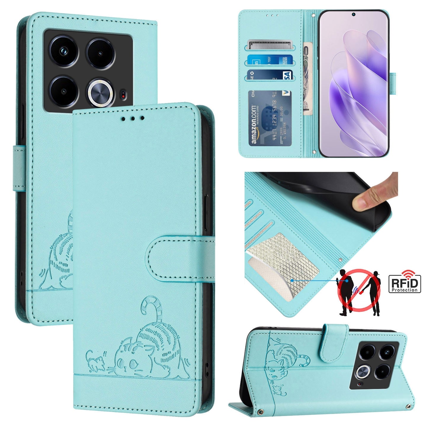 For Infinix Note 40 Cat and Rat Embossed Pattern, RFID Leather Phone Case with Lanyard, Kickstand, and Wallet Features