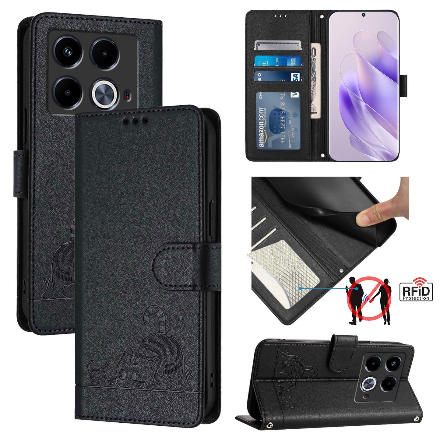 For Infinix Note 40 Cat and Rat Embossed Pattern, RFID Leather Phone Case with Lanyard, Kickstand, and Wallet Features