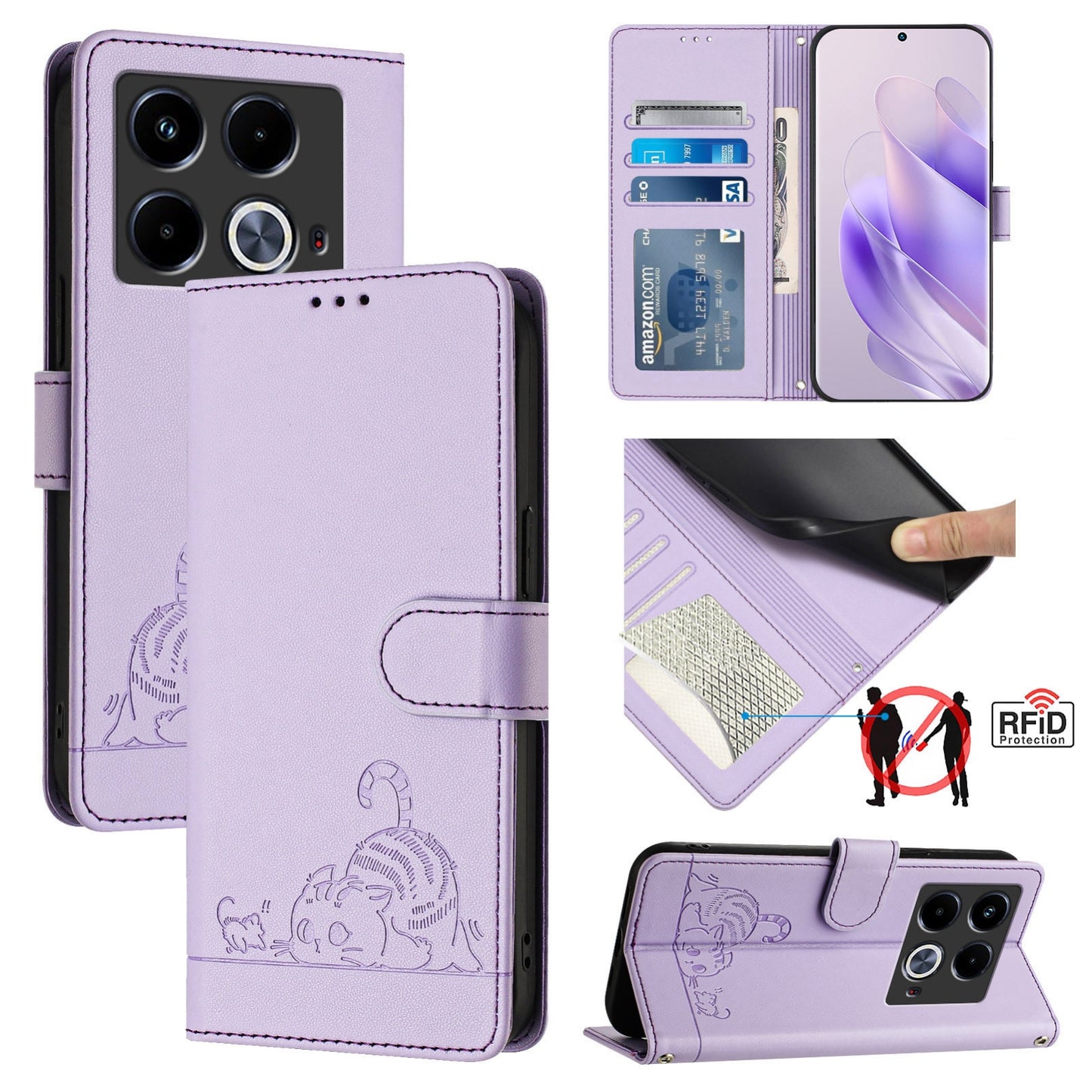 For Infinix Note 40 Cat and Rat Embossed Pattern, RFID Leather Phone Case with Lanyard, Kickstand, and Wallet Features