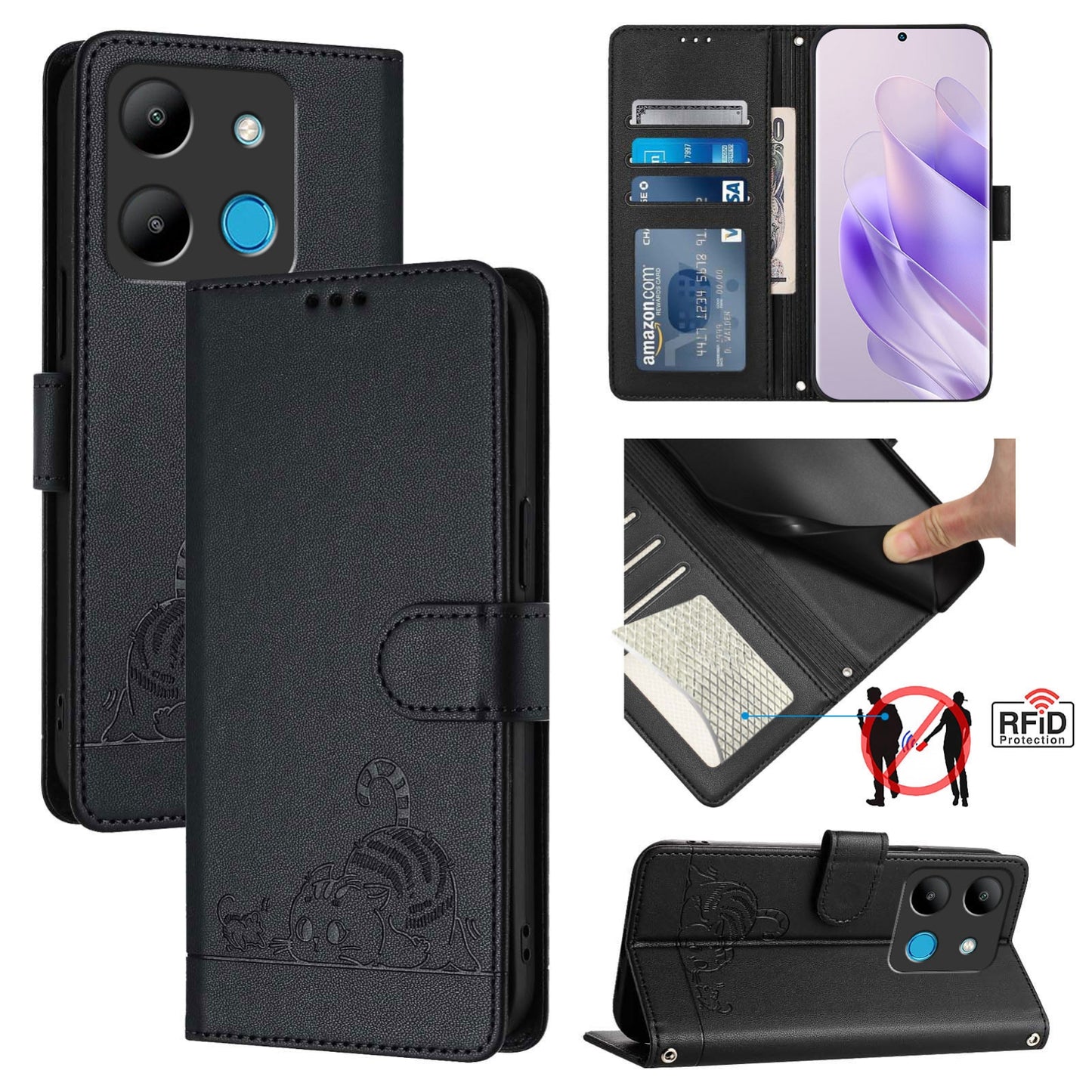 For Infinix Smart 7 India Cat and Rat Embossed Pattern, RFID Leather Phone Case with Lanyard, Kickstand, and Wallet Features
