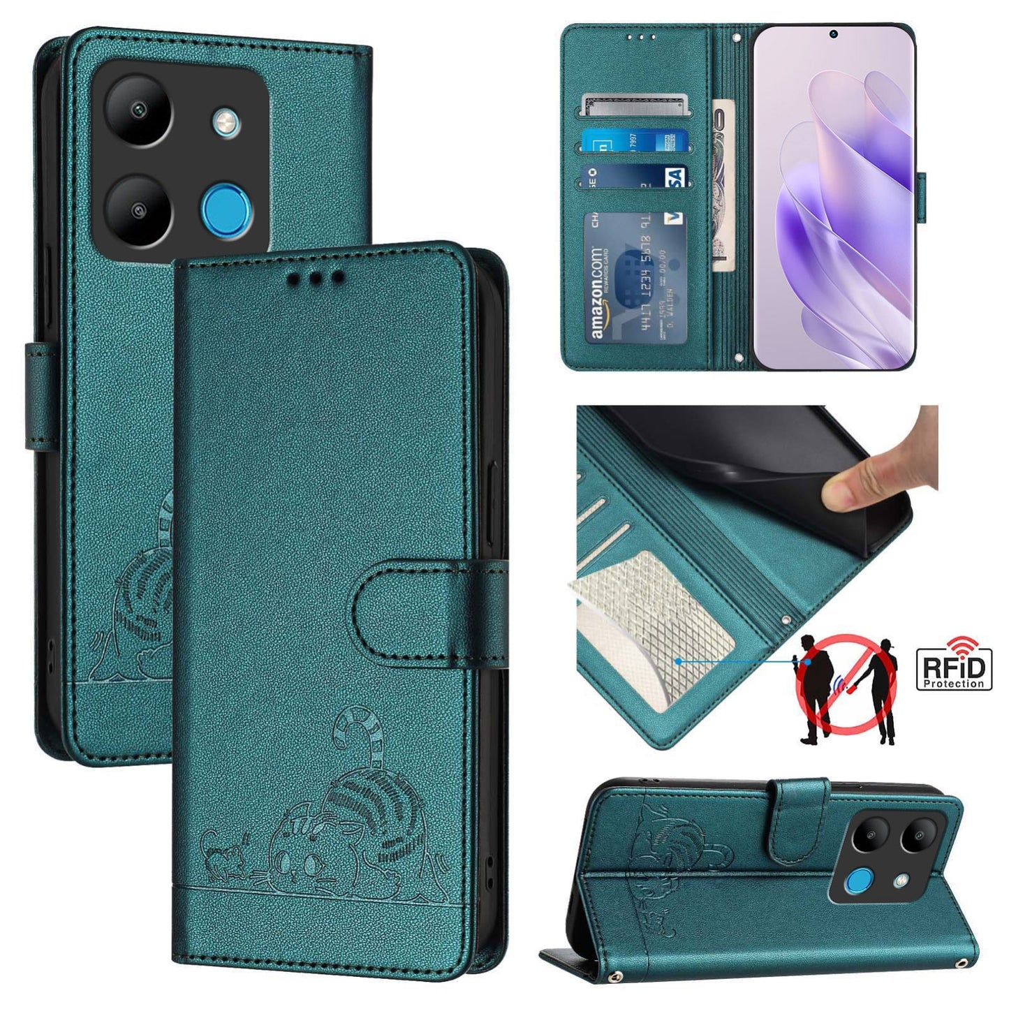 For Infinix Smart 7 India Cat and Rat Embossed Pattern, RFID Leather Phone Case with Lanyard, Kickstand, and Wallet Features