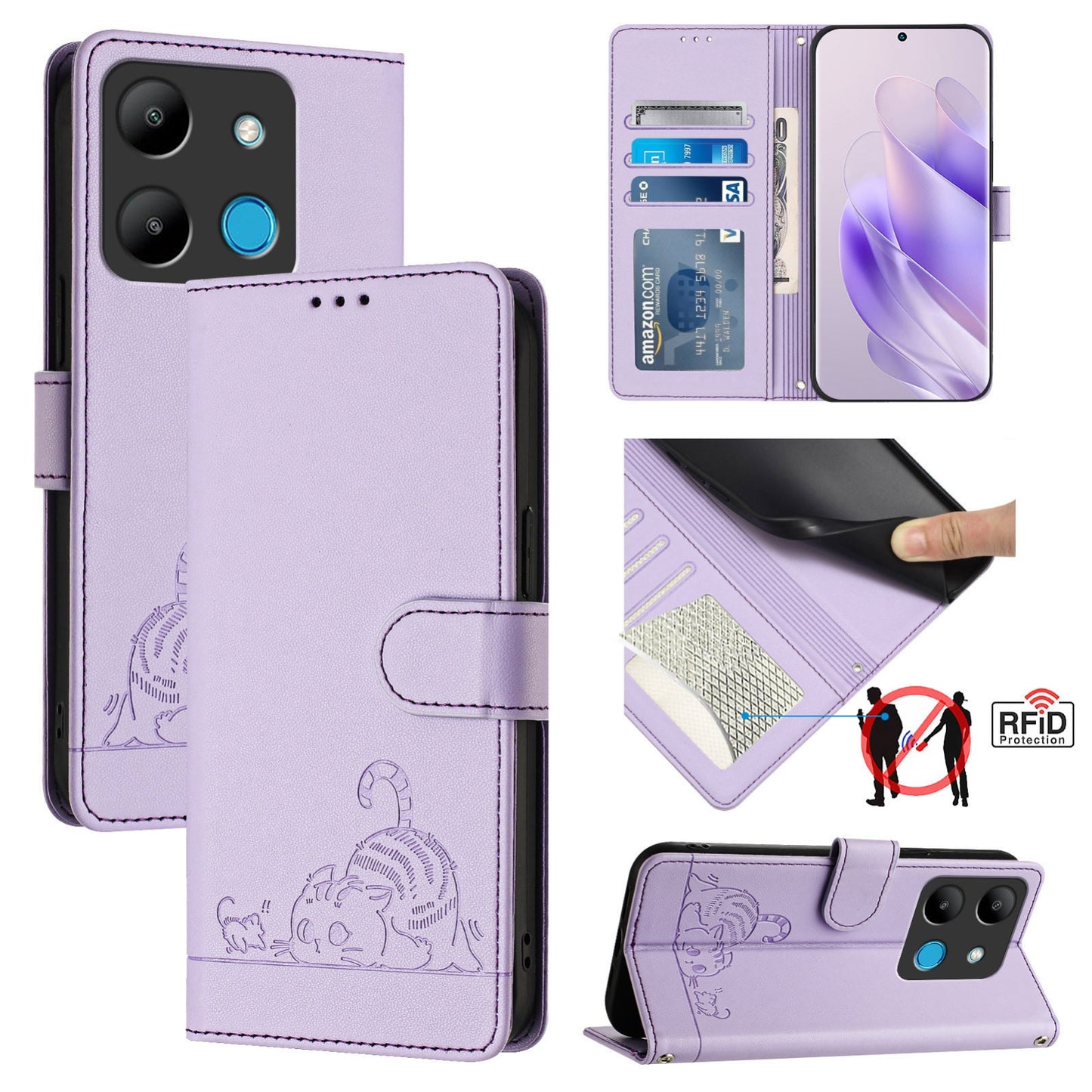 For Infinix Smart 7 India Cat and Rat Embossed Pattern, RFID Leather Phone Case with Lanyard, Kickstand, and Wallet Features