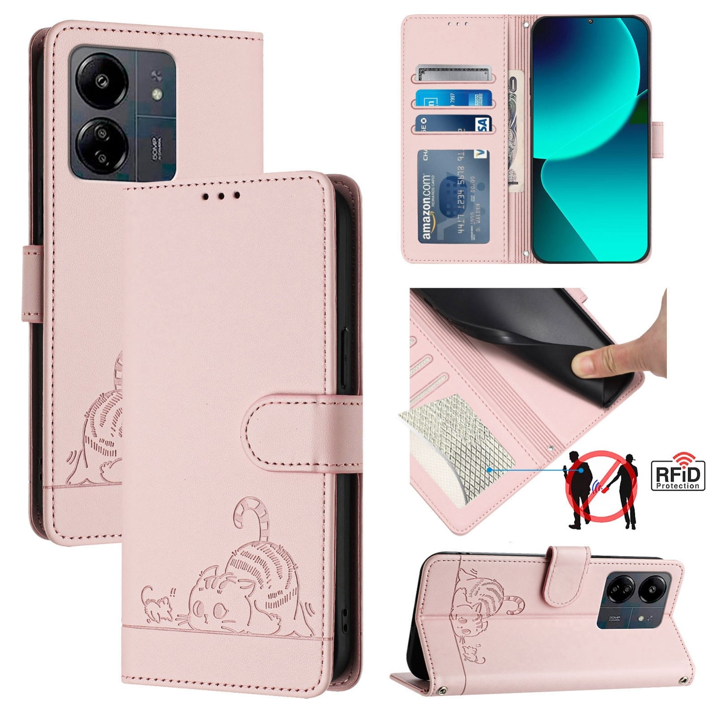 Xiaomi Redmi 13C 4G Global Cat and Rat Embossed Pattern, RFID Leather Phone Case with Lanyard, Kickstand, and Wallet Features
