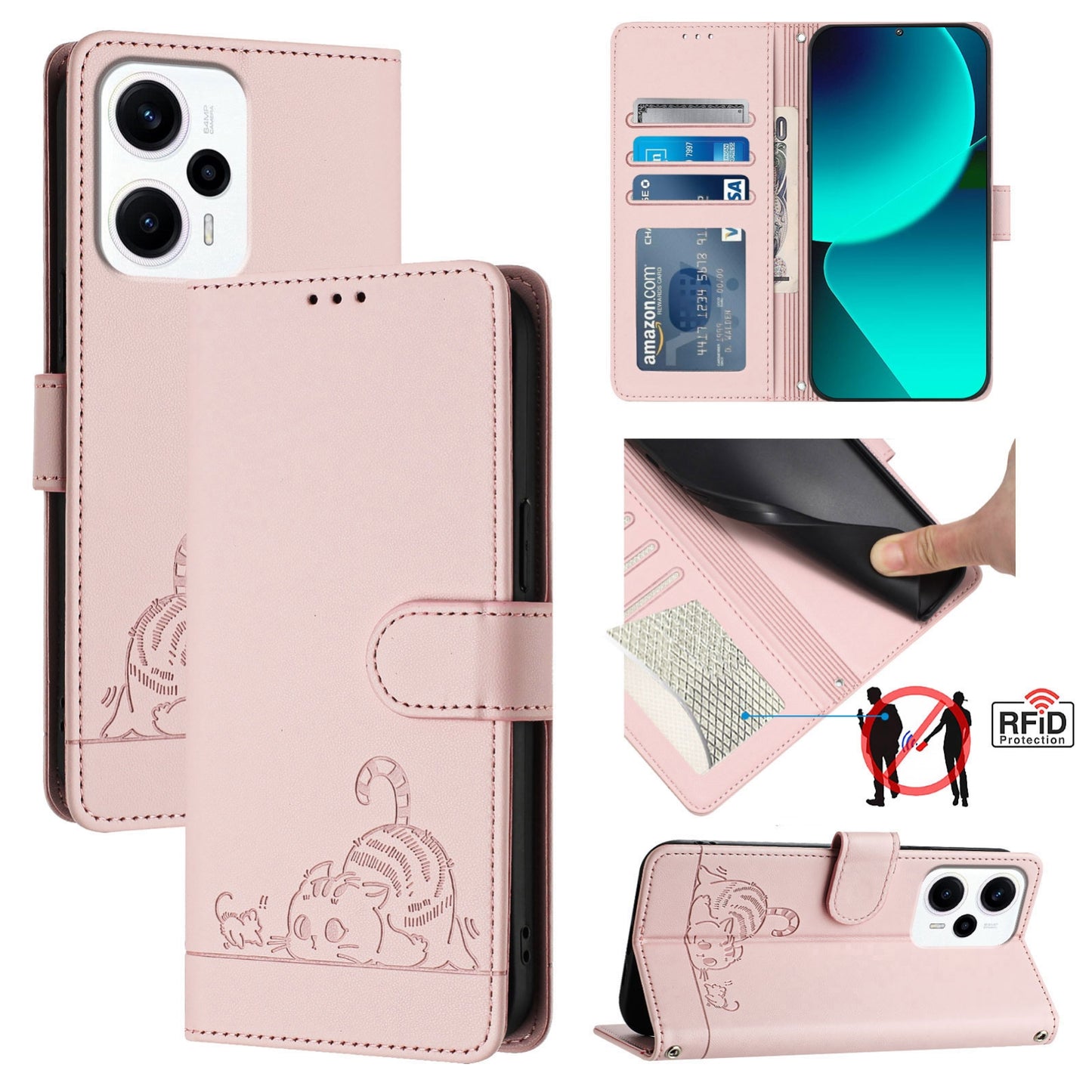 For Xiaomi POCO X4 GT 5G Cat and Rat Embossed Pattern, RFID Leather Phone Case with Lanyard, Kickstand, and Wallet Features