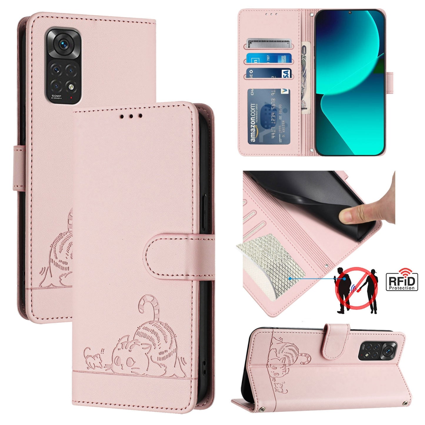 Xiaomi Redmi Note 12S 4G Global Cat and Rat Embossed Pattern, RFID Leather Phone Case with Lanyard, Kickstand, and Wallet Features