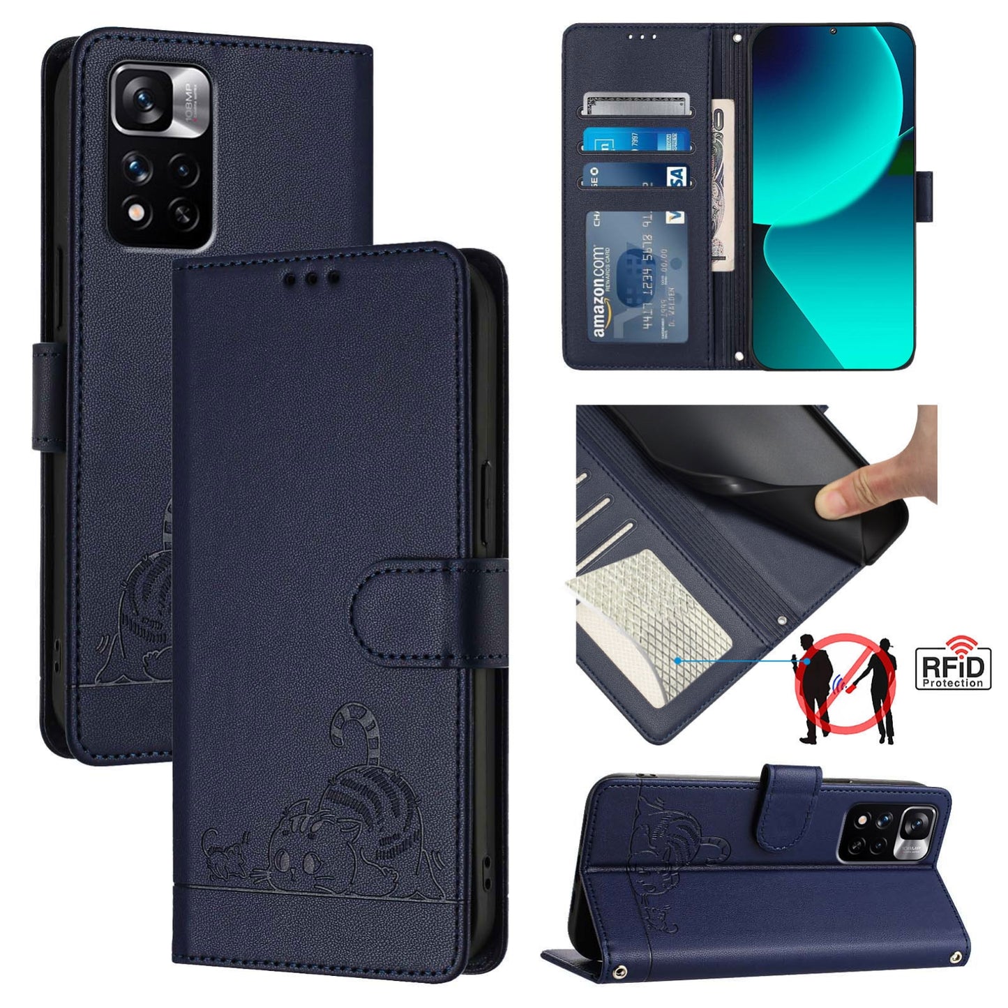 Xiaomi Redmi Note 12 Pro 4G Global Cat and Rat Embossed Pattern, RFID Leather Phone Case with Lanyard, Kickstand, and Wallet Features