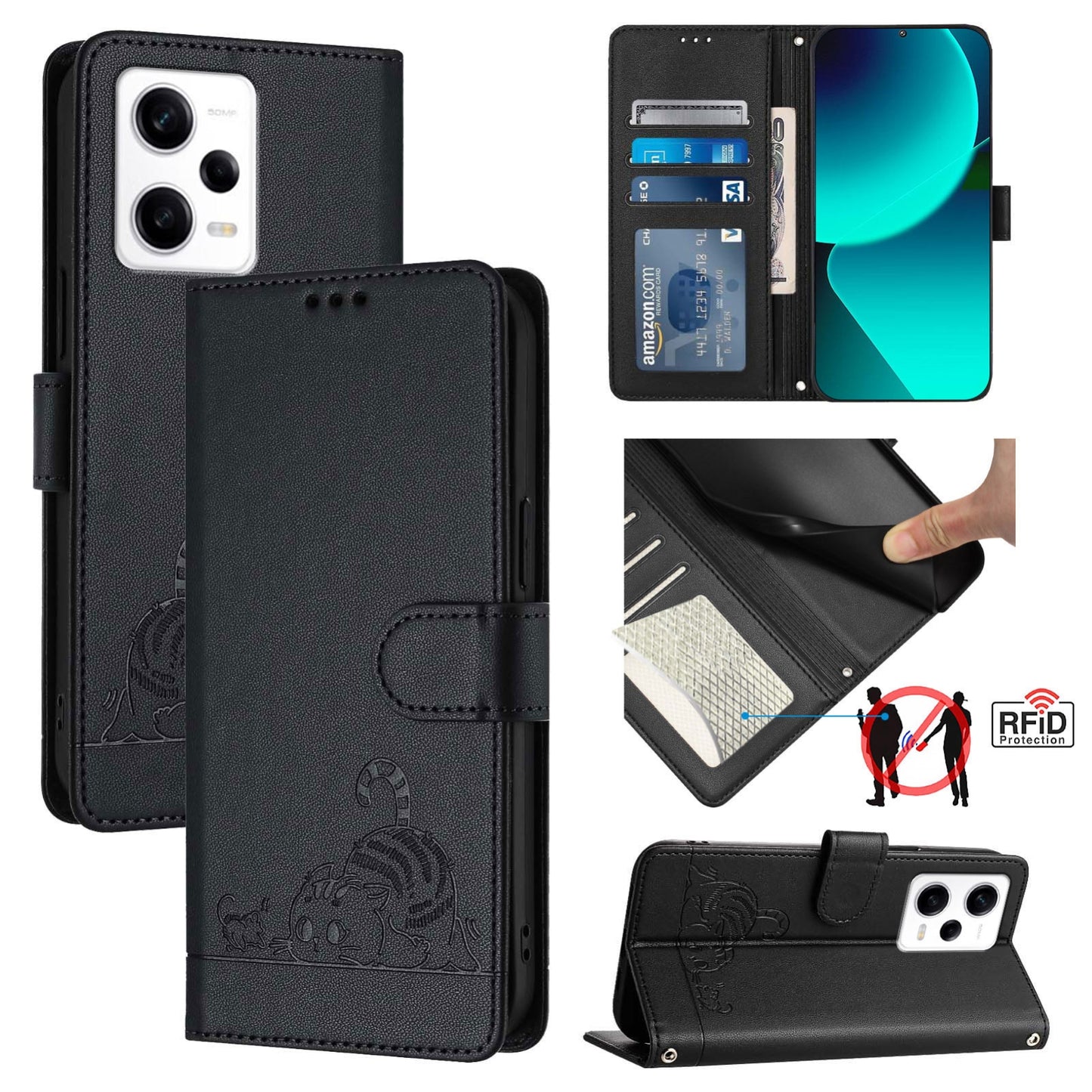 Xiaomi Redmi Note 12 Pro 5G Global Cat and Rat Embossed Pattern, RFID Leather Phone Case with Lanyard, Kickstand, and Wallet Features