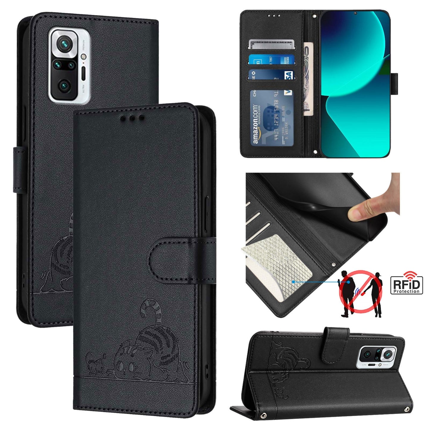 Xiaomi Redmi Note 10 Pro Max Cat and Rat Embossed Pattern, RFID Leather Phone Case with Lanyard, Kickstand, and Wallet Features