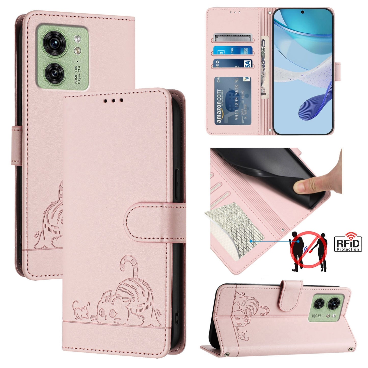 Motorola Edge 2023 North US Version Cat and Rat Embossed Pattern, RFID Leather Phone Case with Lanyard, Kickstand, and Wallet Features