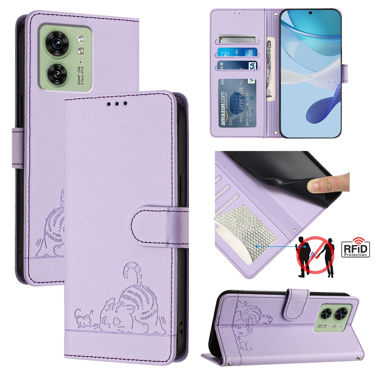 Motorola Edge 2023 North US Version Cat and Rat Embossed Pattern, RFID Leather Phone Case with Lanyard, Kickstand, and Wallet Features