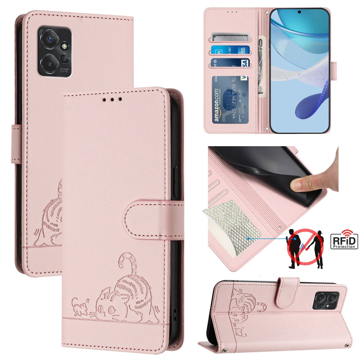 Motorola Moto G Power 2023 Cat and Rat Embossed Pattern, RFID Leather Phone Case with Lanyard, Kickstand, and Wallet Features